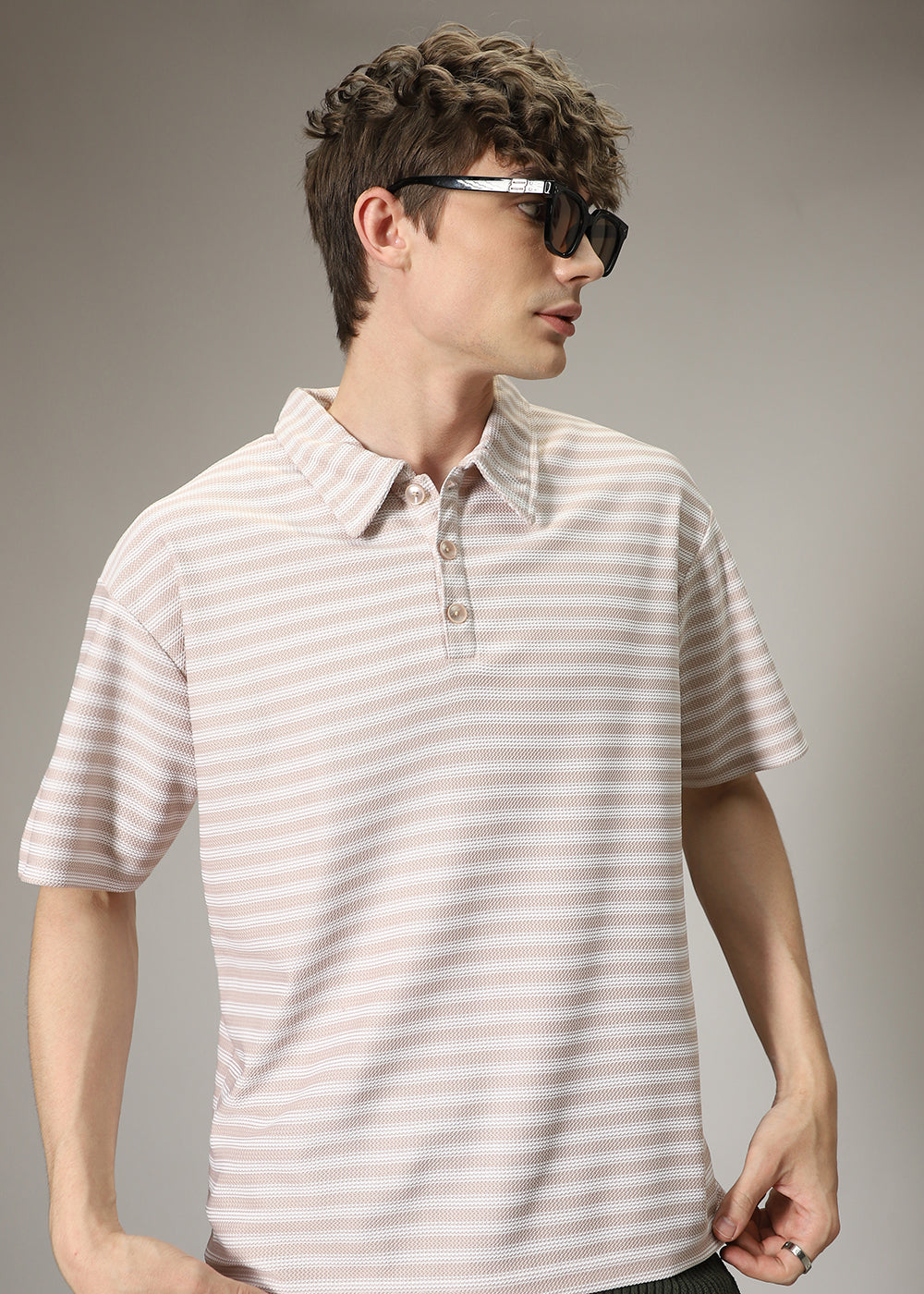 Striped Cream Oversized Polo T-shirt