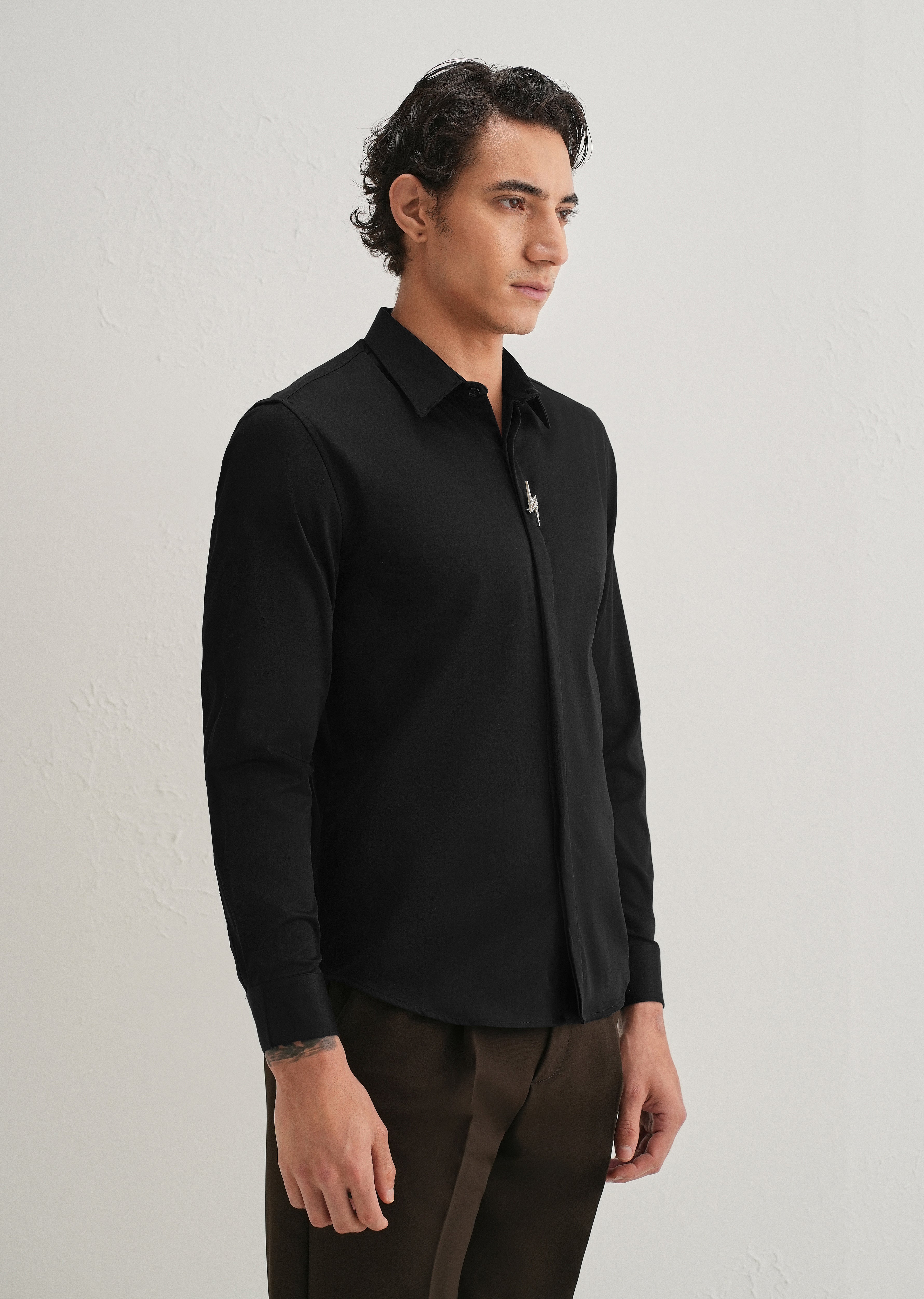 Studded Flash Brooch Black Designer Shirt