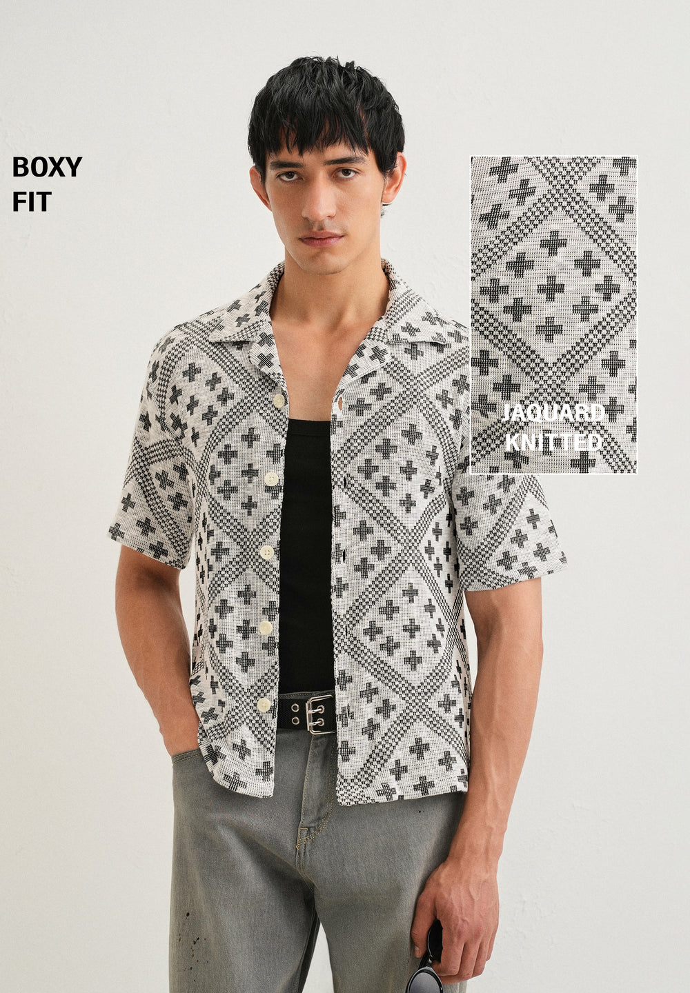 Black Jacquard Knitted Shirt