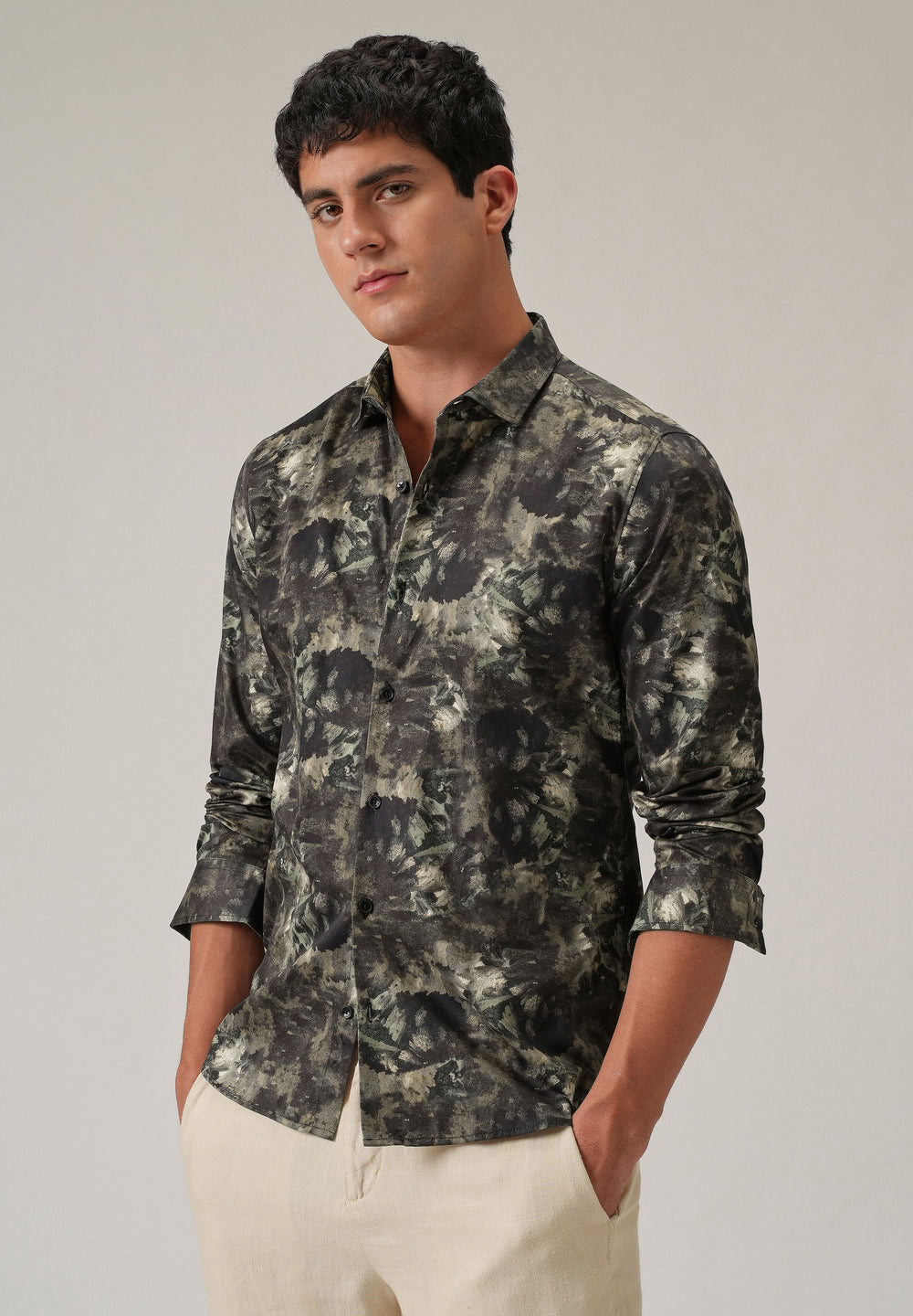 Tan Abstract Brush Print Shirt