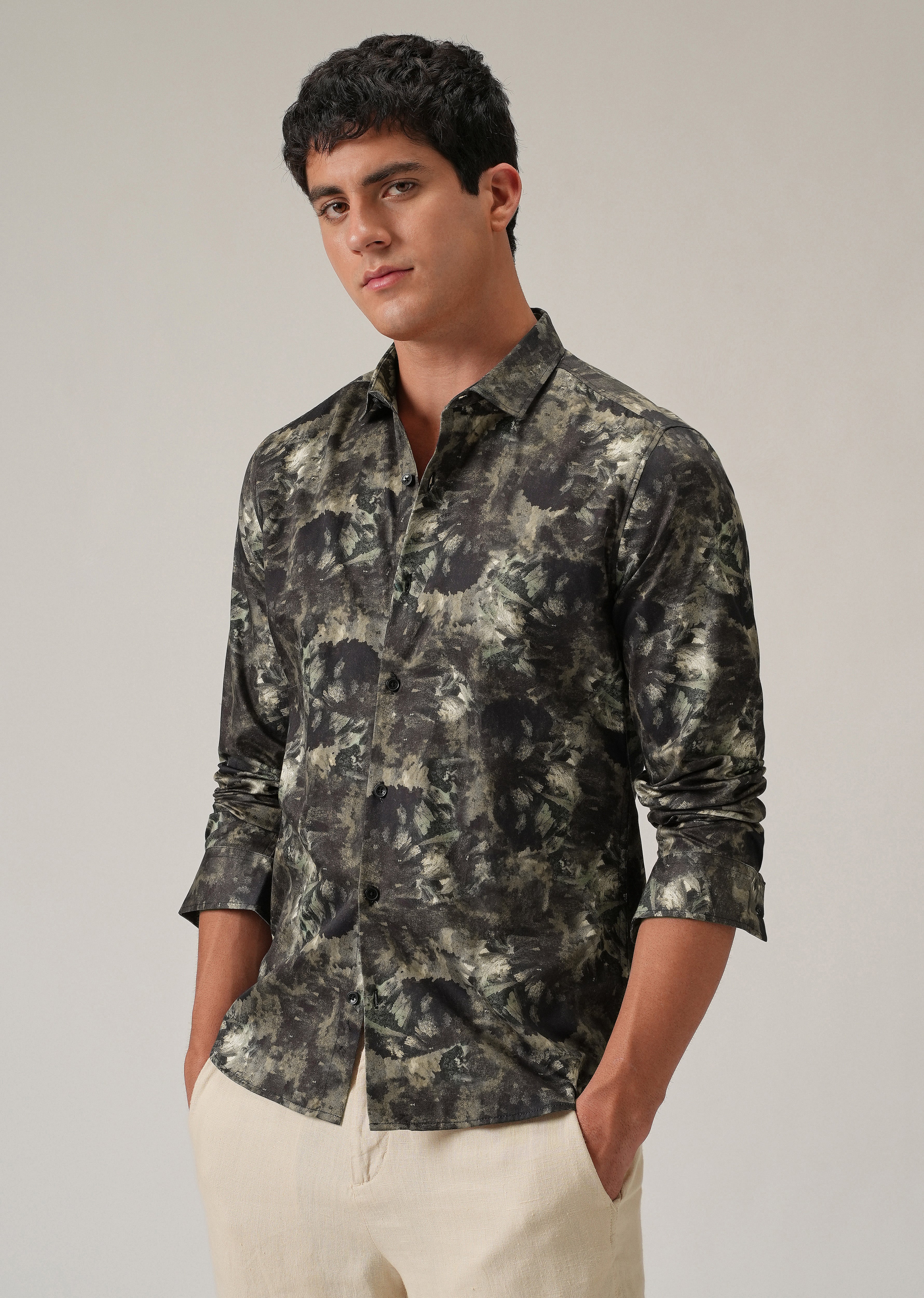 Tan Abstract Brush Print Shirt