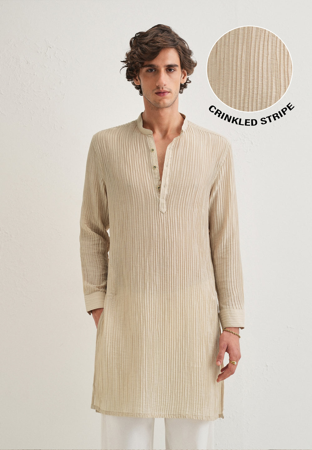 Tan Beige Crinkled Stripe Kurta