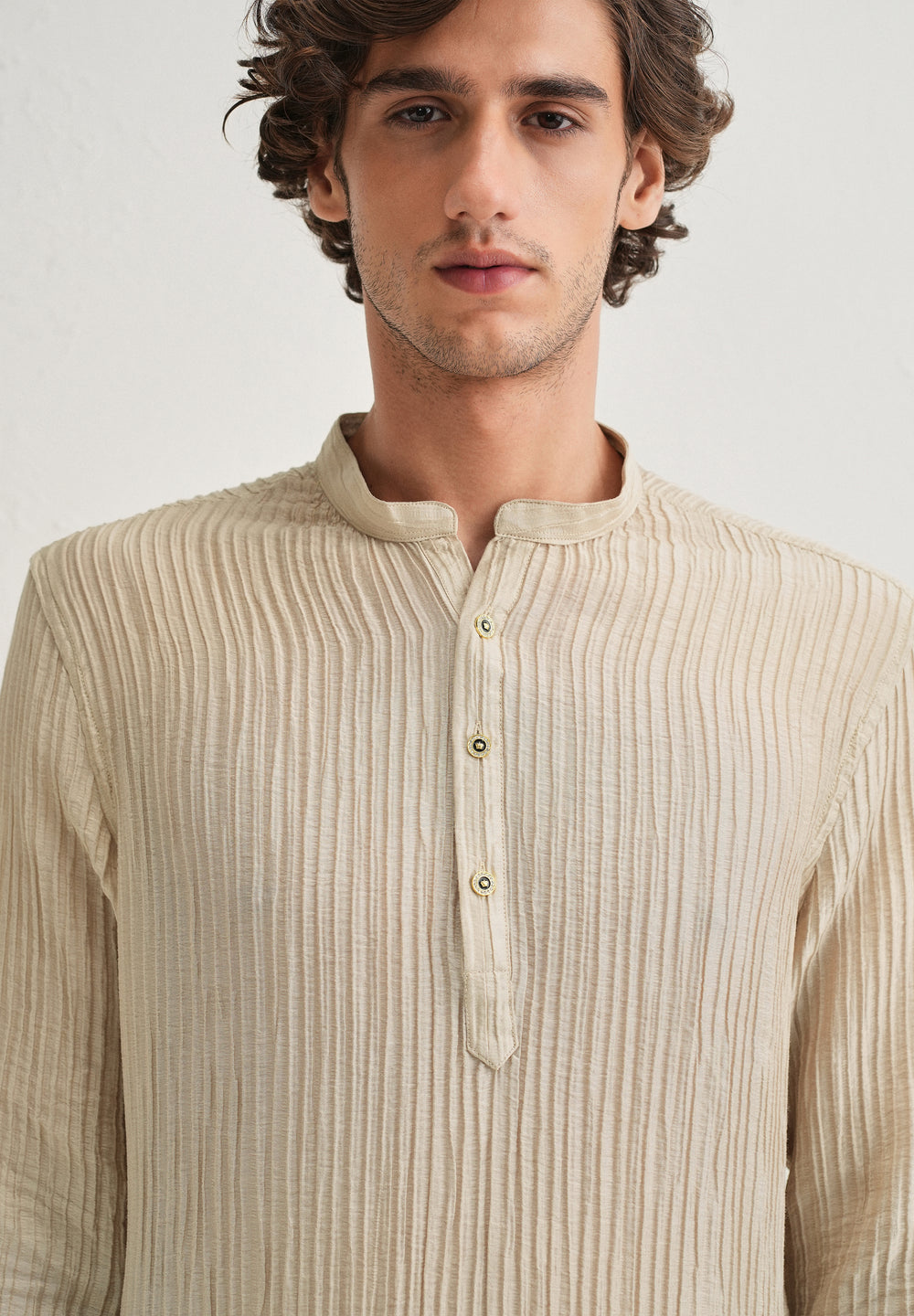 Tan Beige Crinkled Stripe Kurta