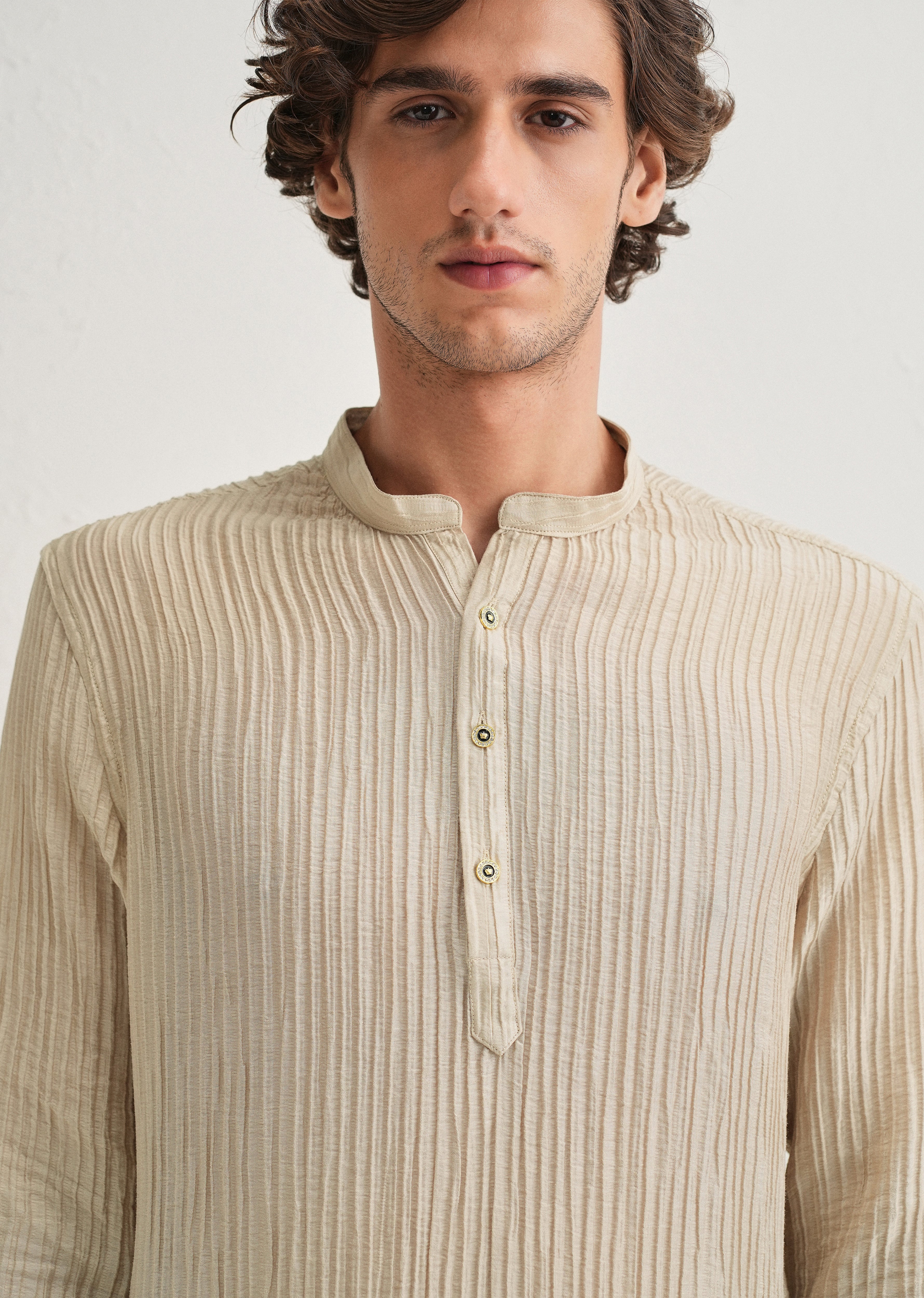 Tan Beige Crinkled Stripe Kurta