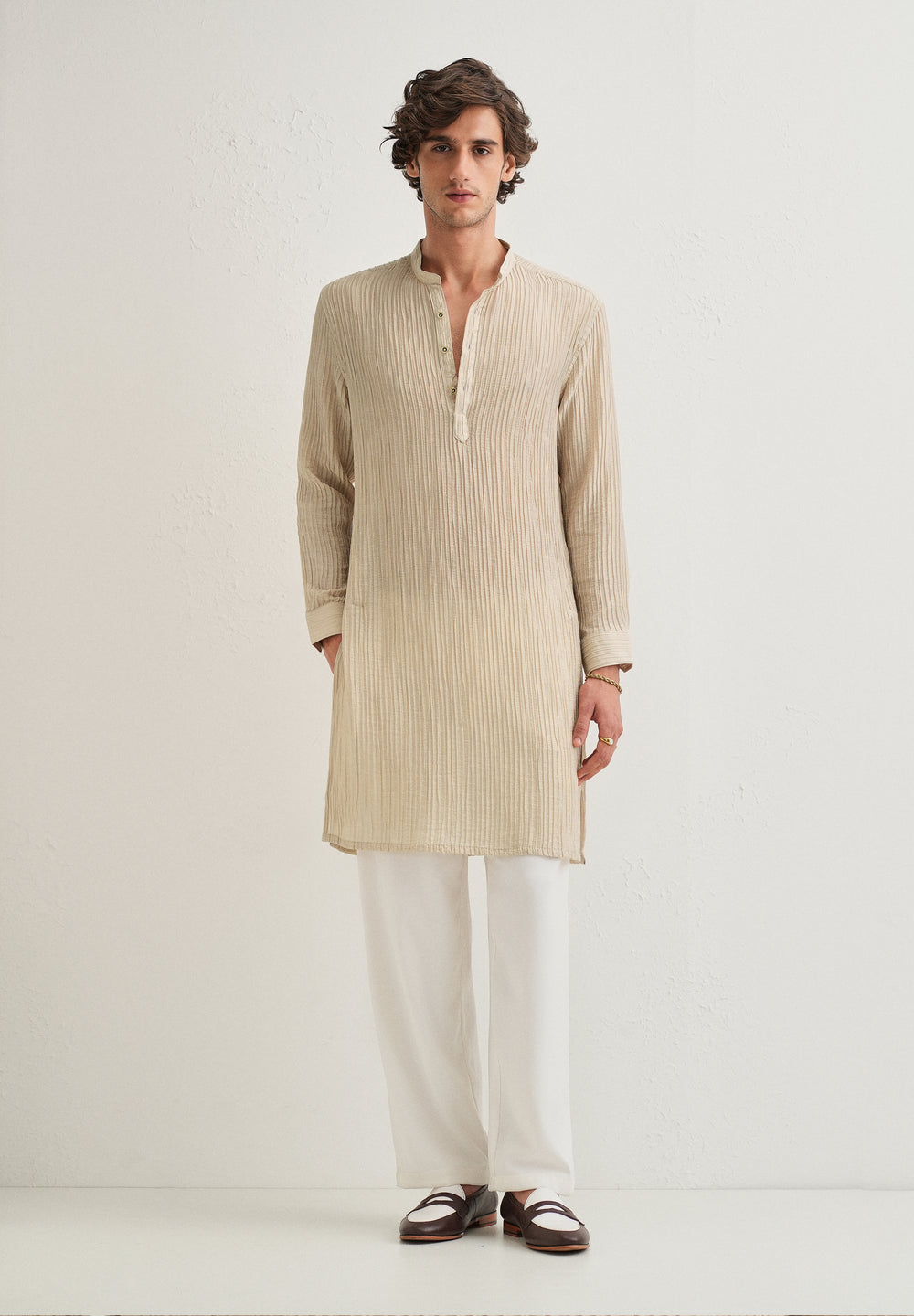 Tan Beige Crinkled Stripe Kurta