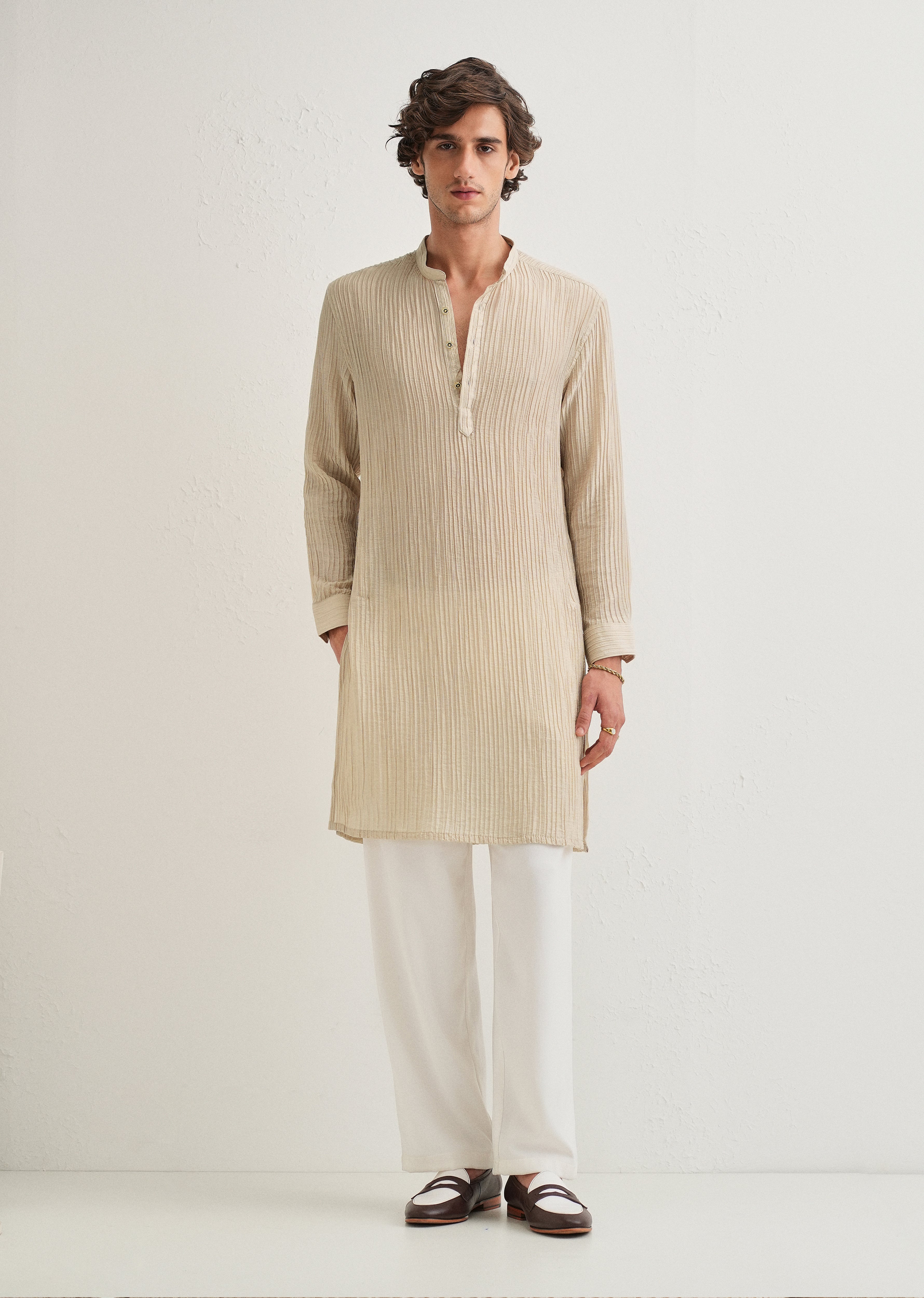 Tan Beige Crinkled Stripe Kurta