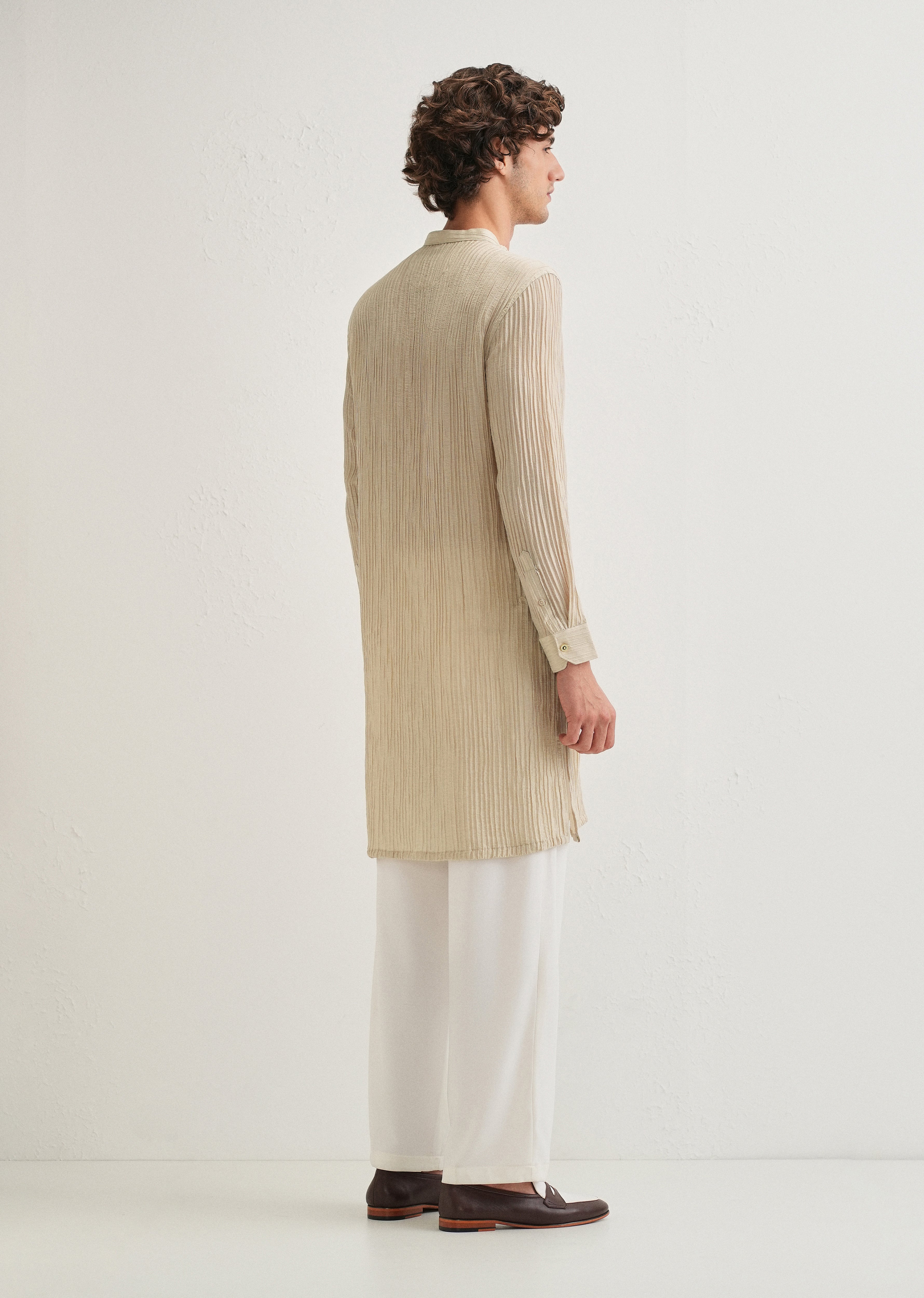 Tan Beige Crinkled Stripe Kurta