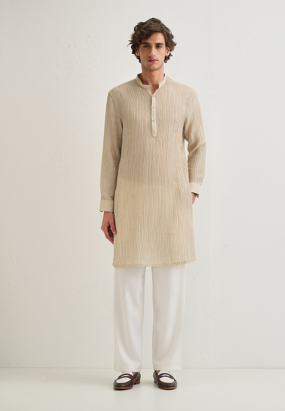 Tan Beige Crinkled Stripe Kurta