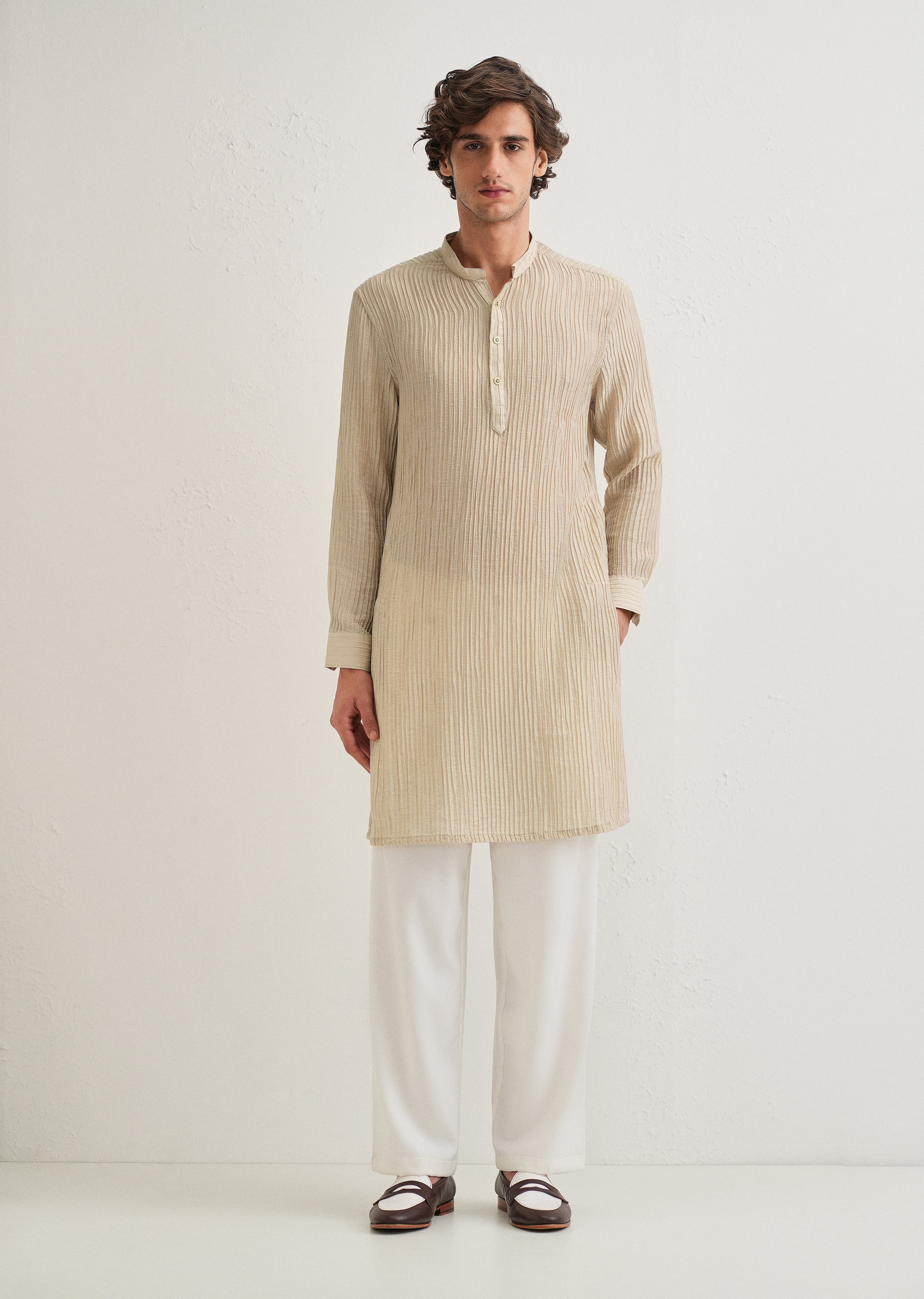 Tan Beige Crinkled Stripe Kurta