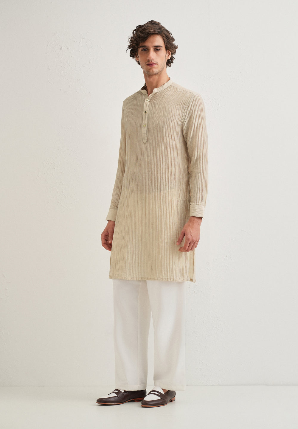 Tan Beige Crinkled Stripe Kurta
