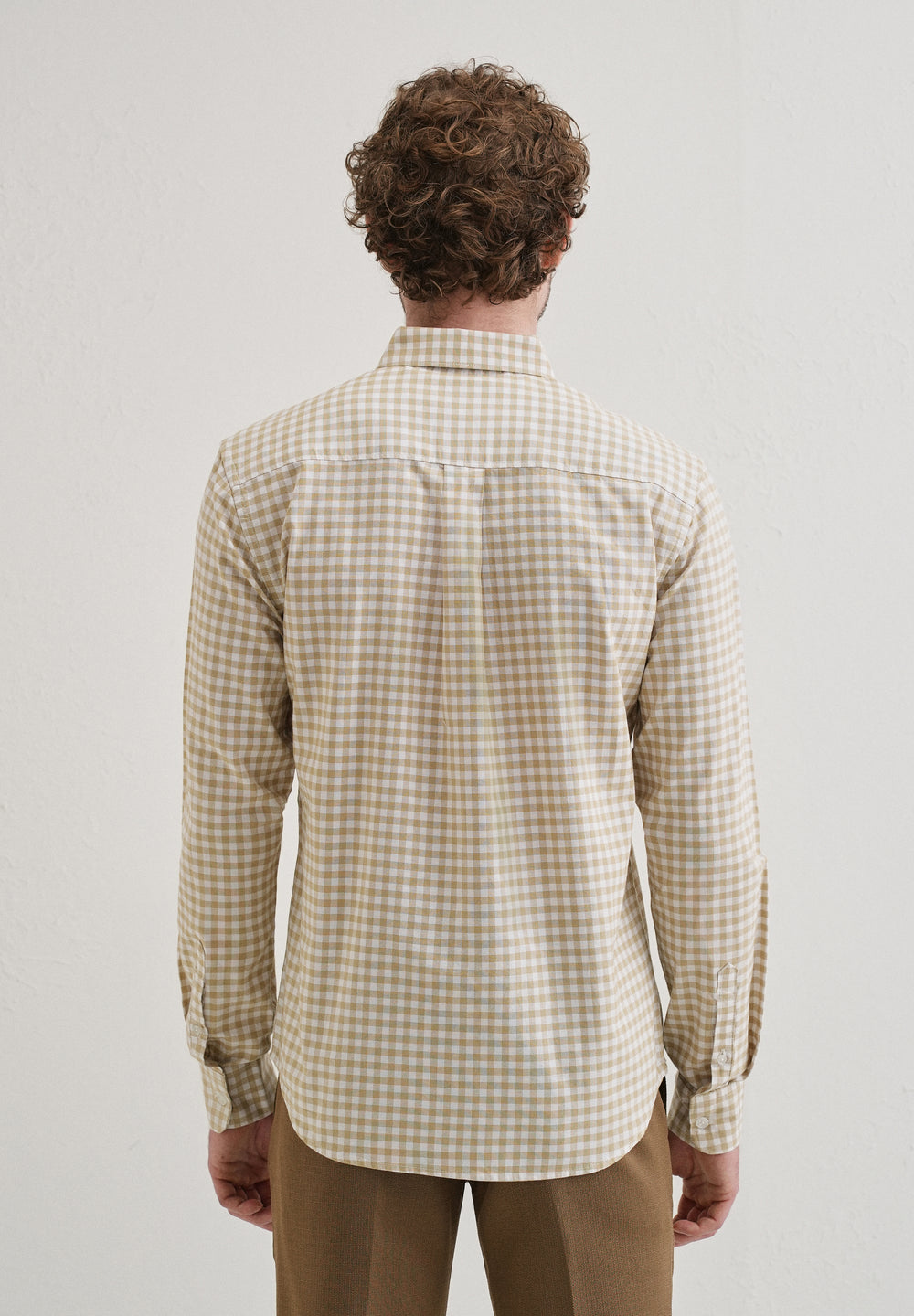 Tan Beige Gingham Check Cotton Oxford Shirt