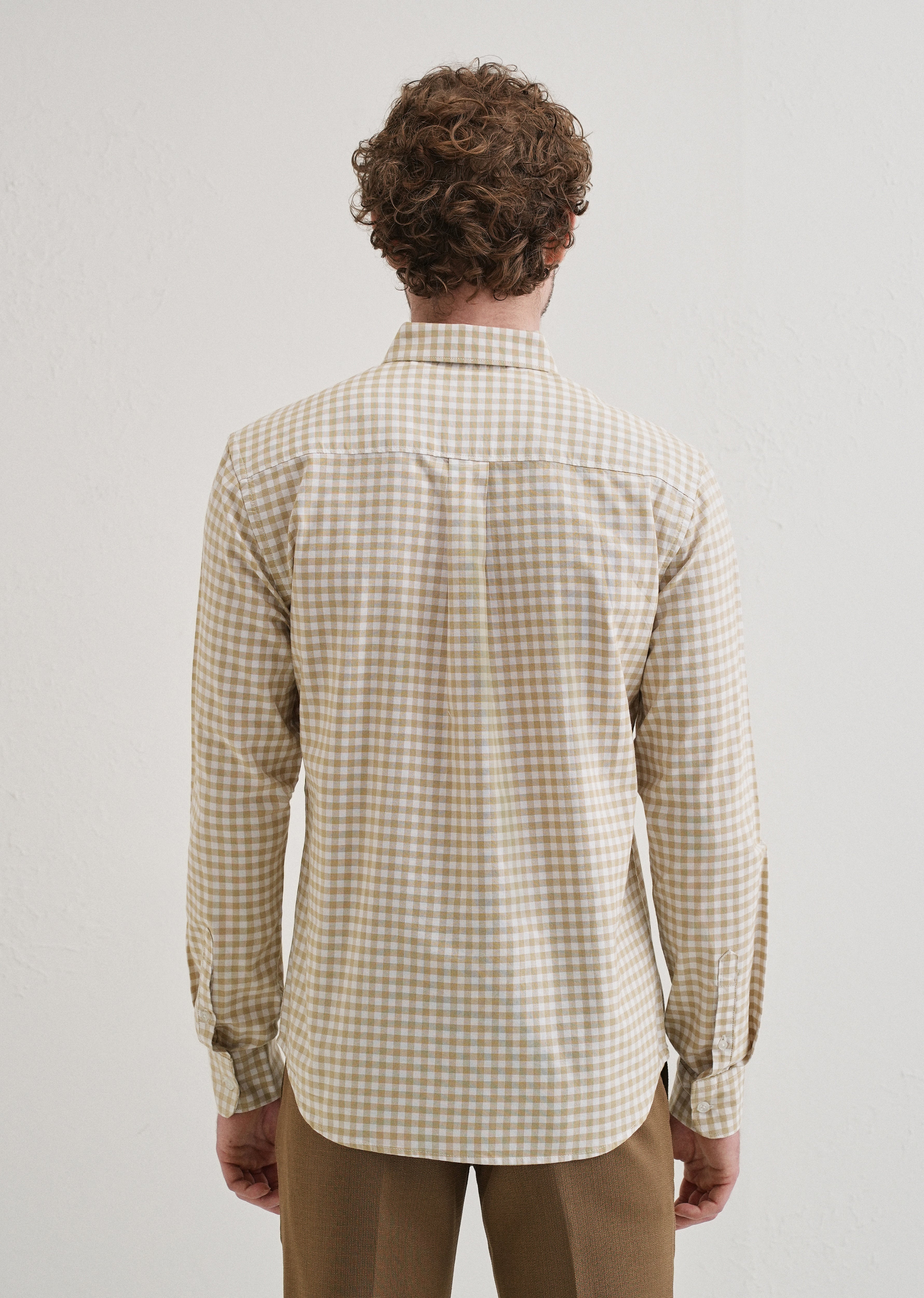Tan Beige Gingham Check Cotton Oxford Shirt