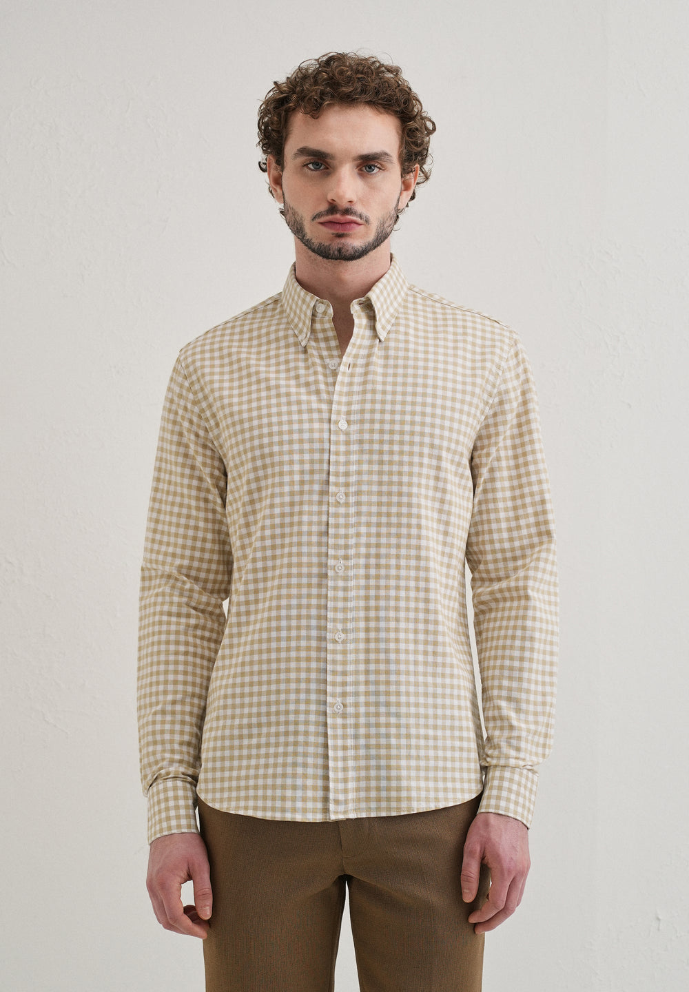 Tan Beige Gingham Check Cotton Oxford Shirt