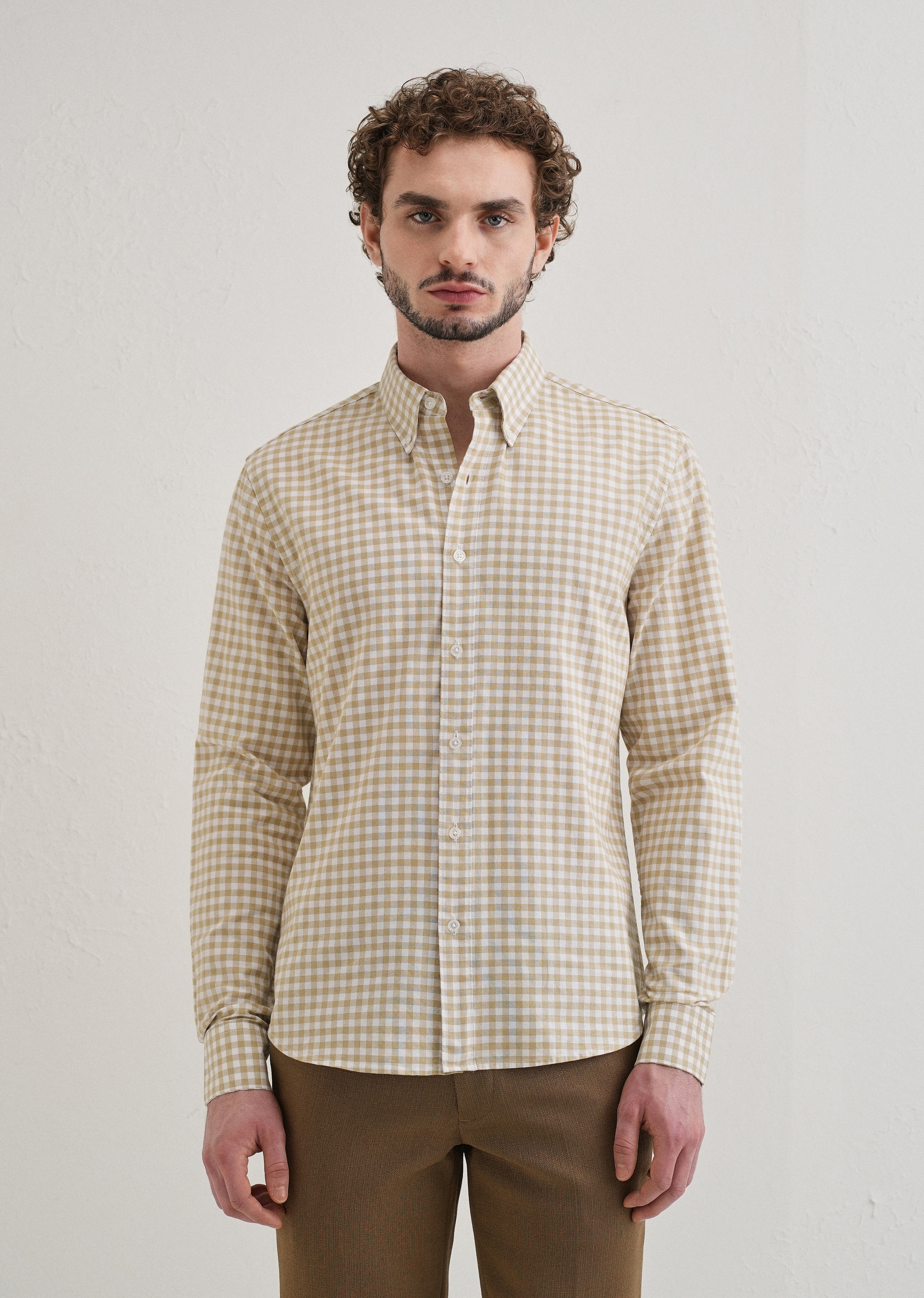 Tan Beige Gingham Check Cotton Oxford Shirt