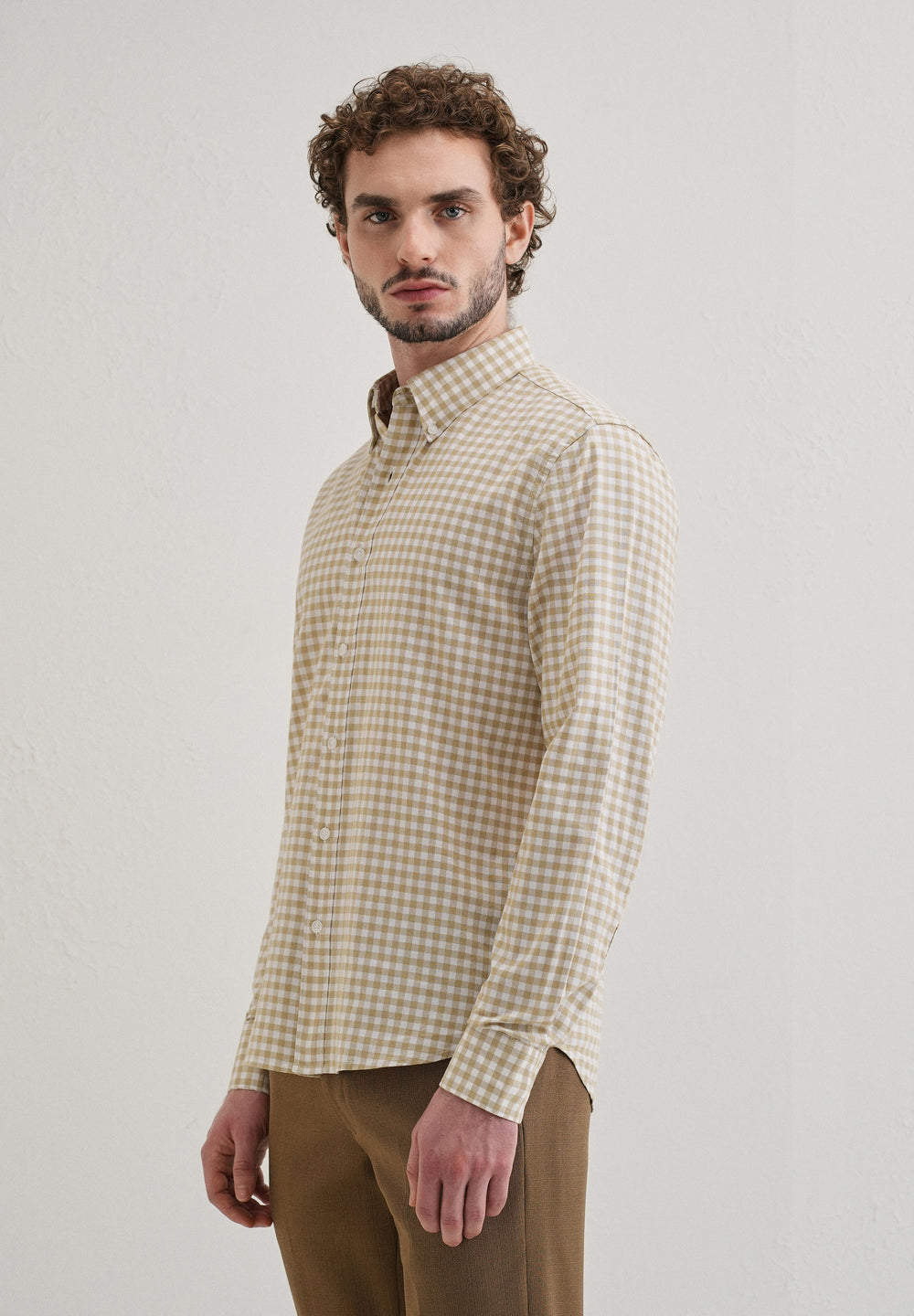 Tan Beige Gingham Check Cotton Oxford Shirt