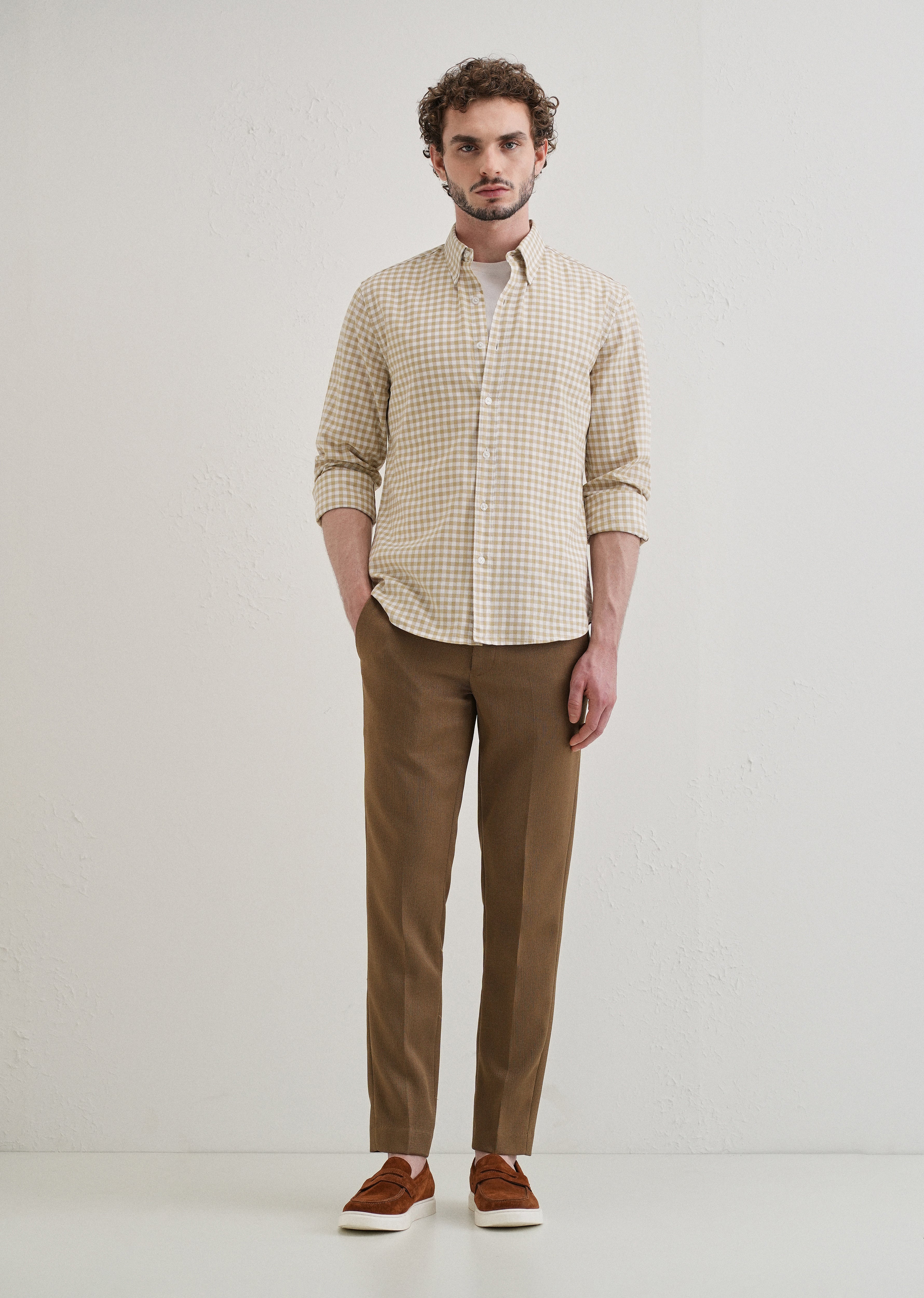 Tan Beige Gingham Check Cotton Oxford Shirt