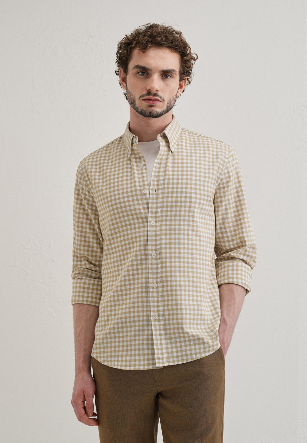 Tan Beige Gingham Check Cotton Oxford Shirt