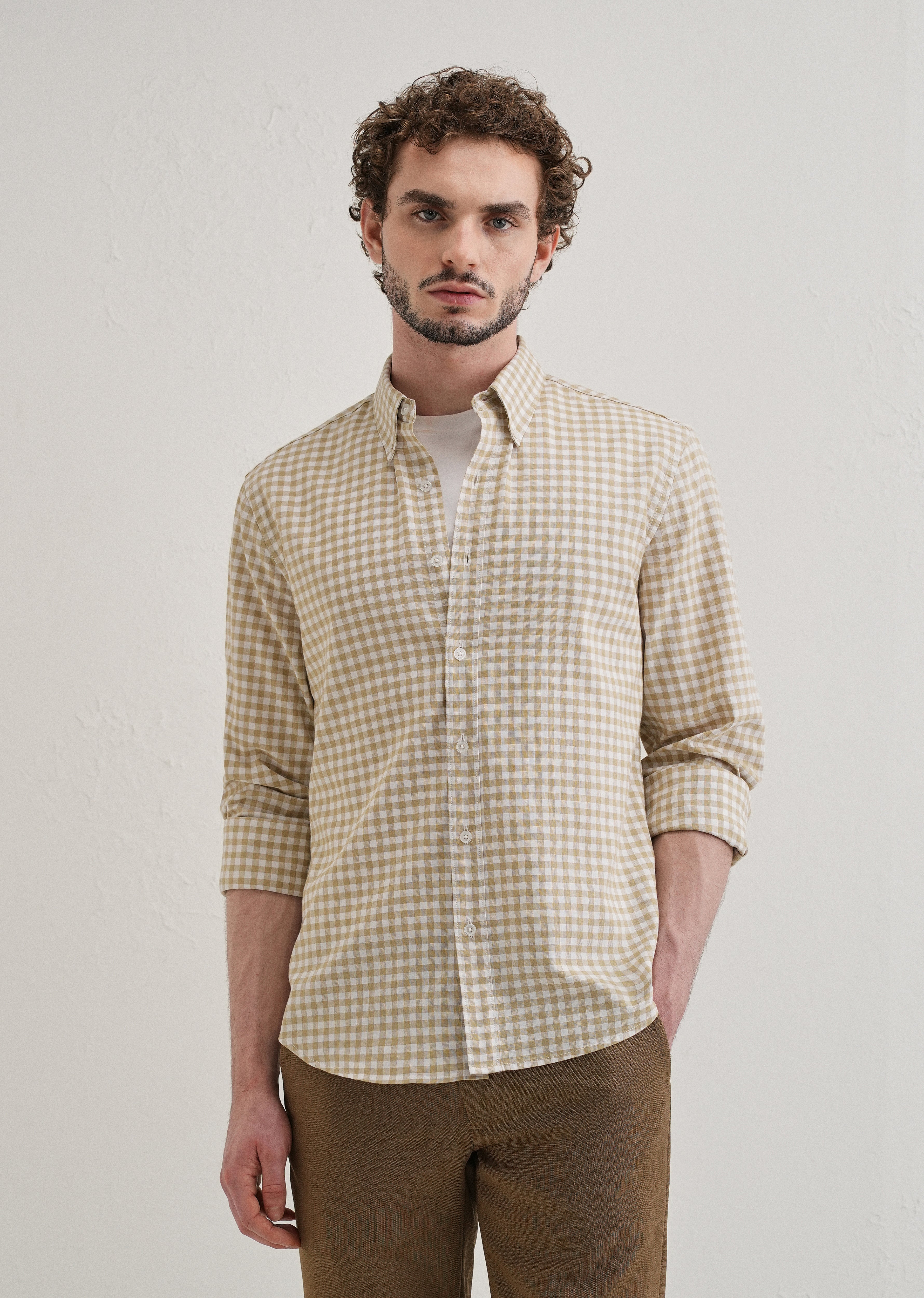 Tan Beige Gingham Check Cotton Oxford Shirt