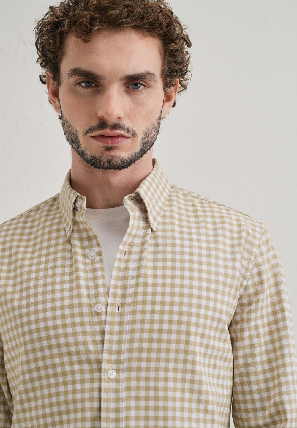Tan Beige Gingham Check Cotton Oxford Shirt