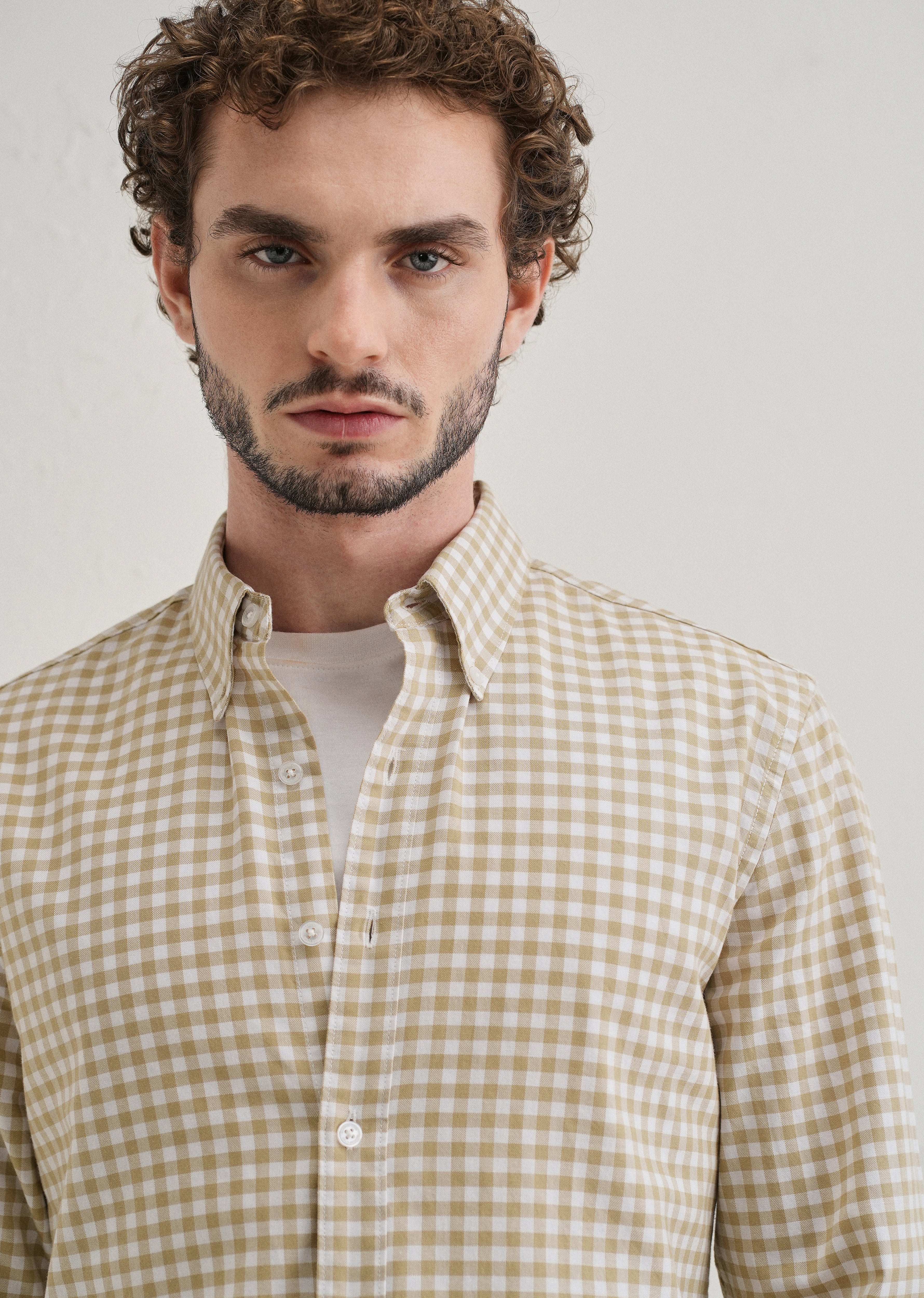 Tan Beige Gingham Check Cotton Oxford Shirt