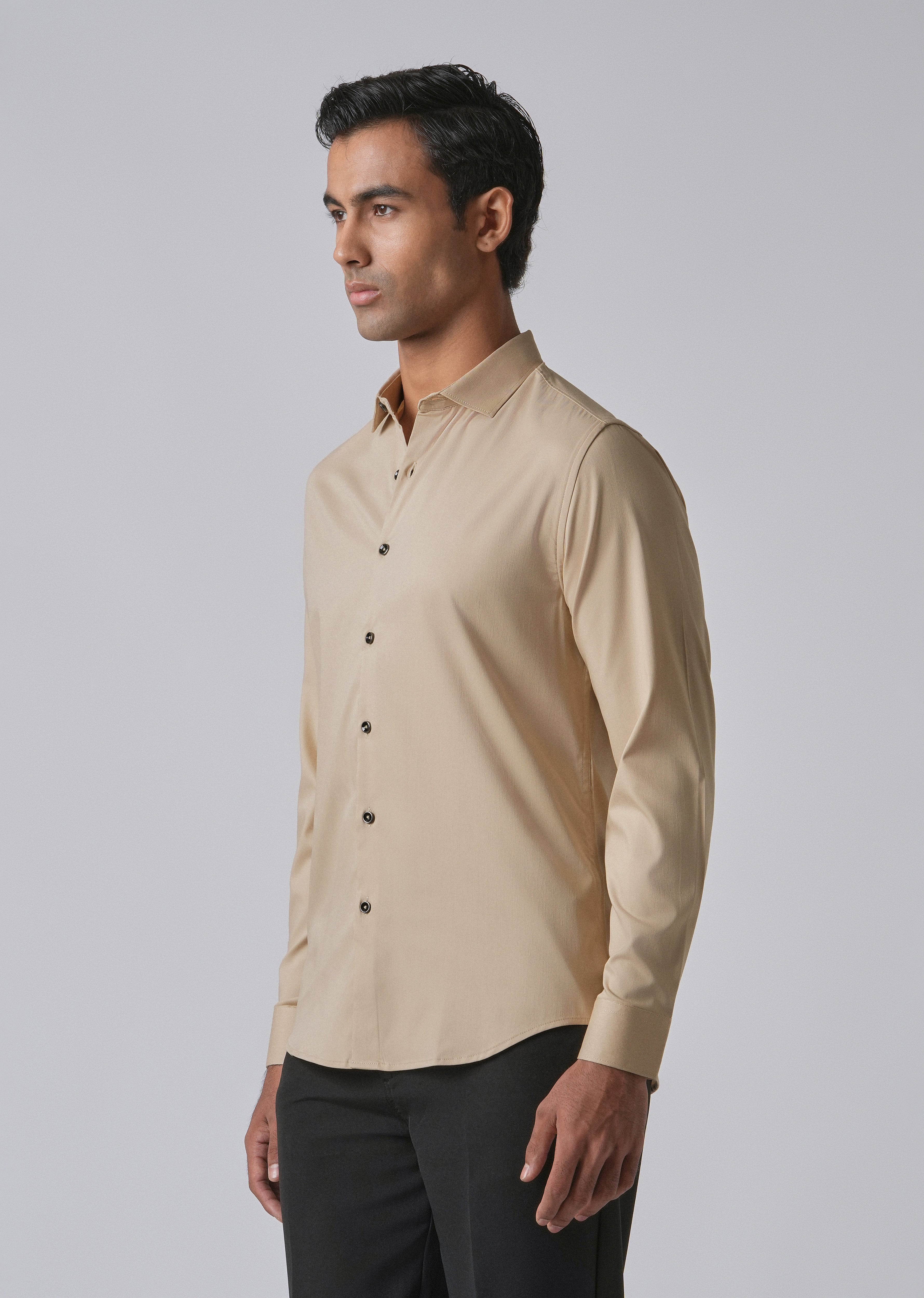 Tan Beige Cotton Stretch Plain Shirt