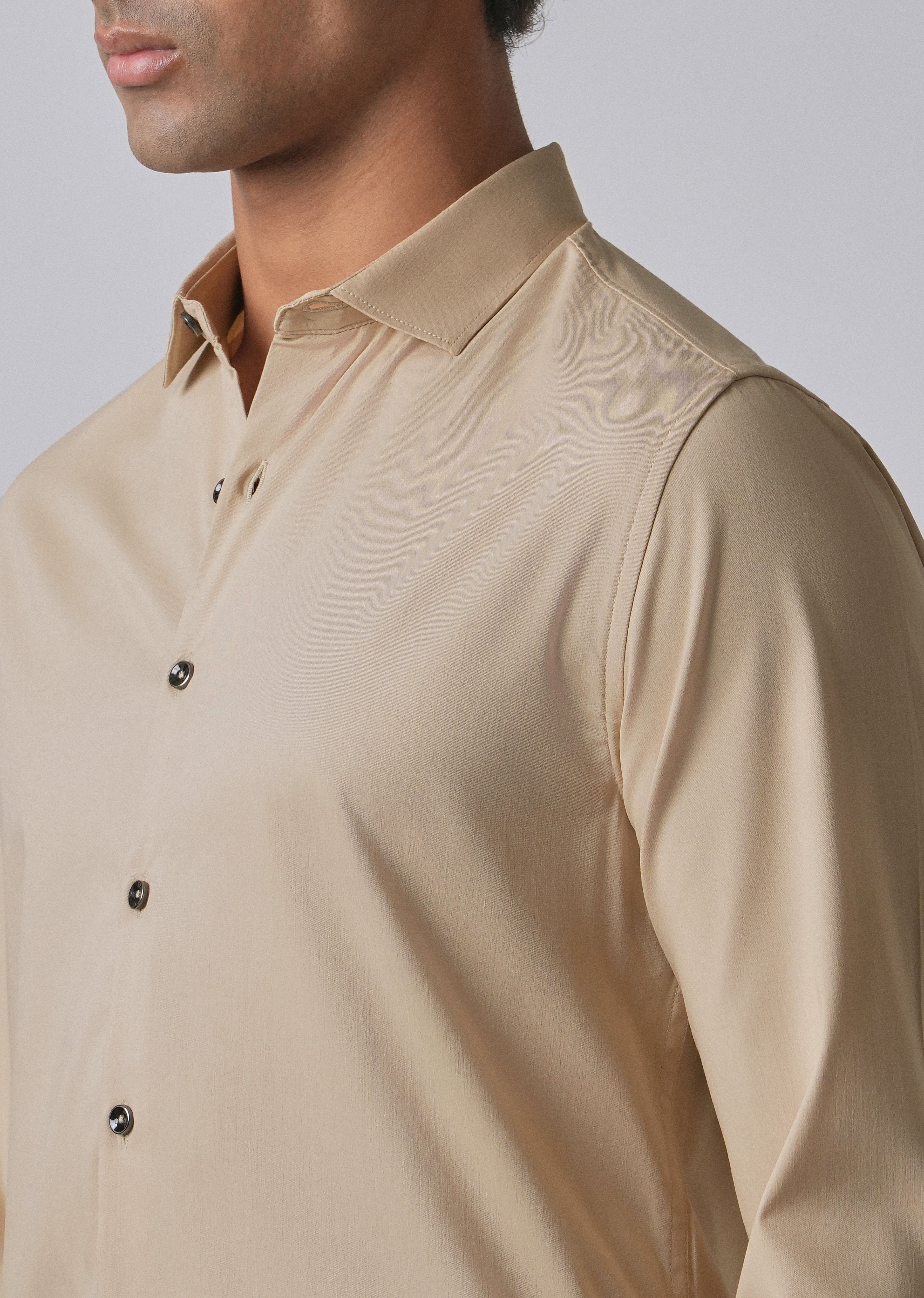 Tan Beige Cotton Stretch Plain Shirt