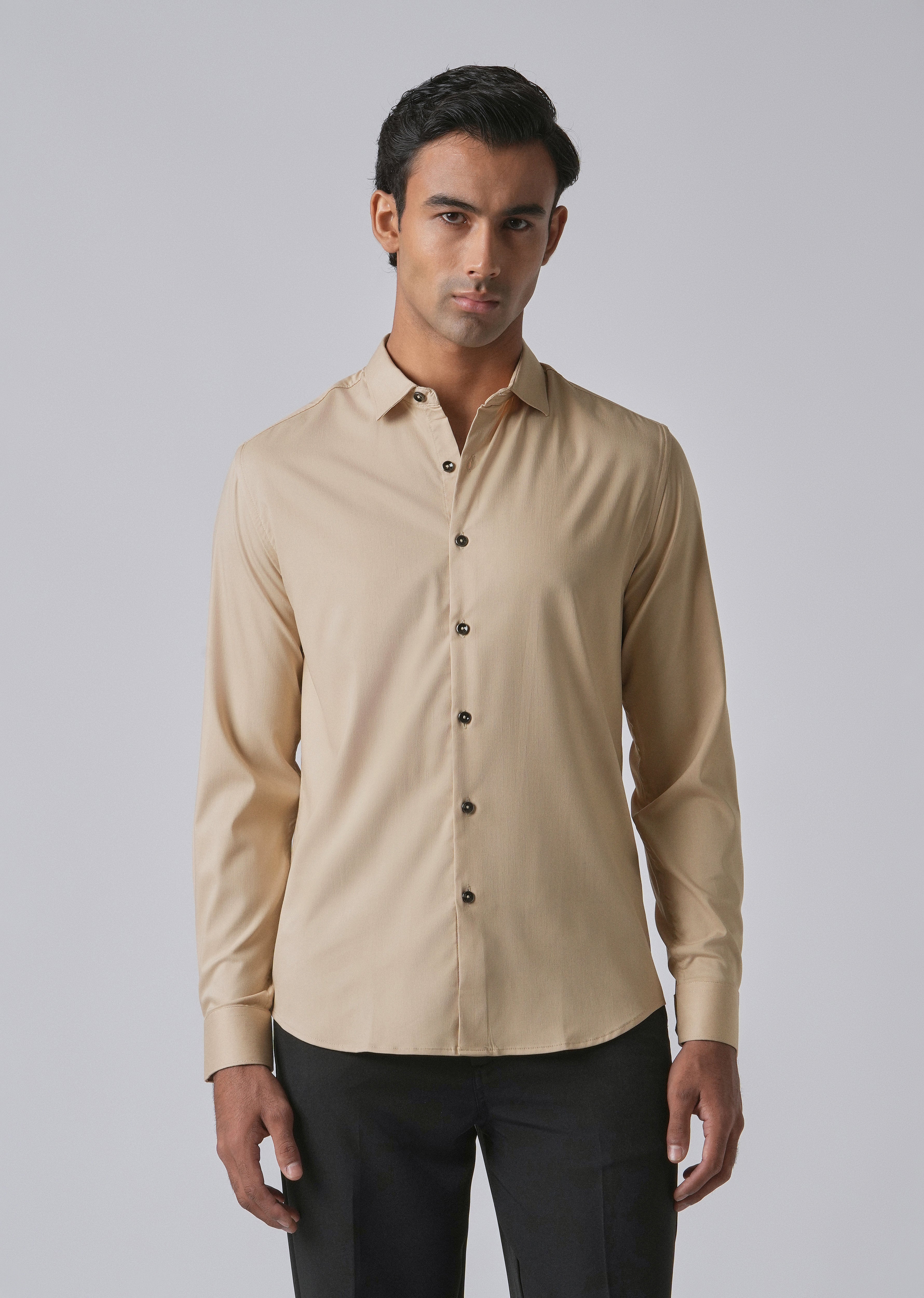 Tan Beige Cotton Stretch Plain Shirt