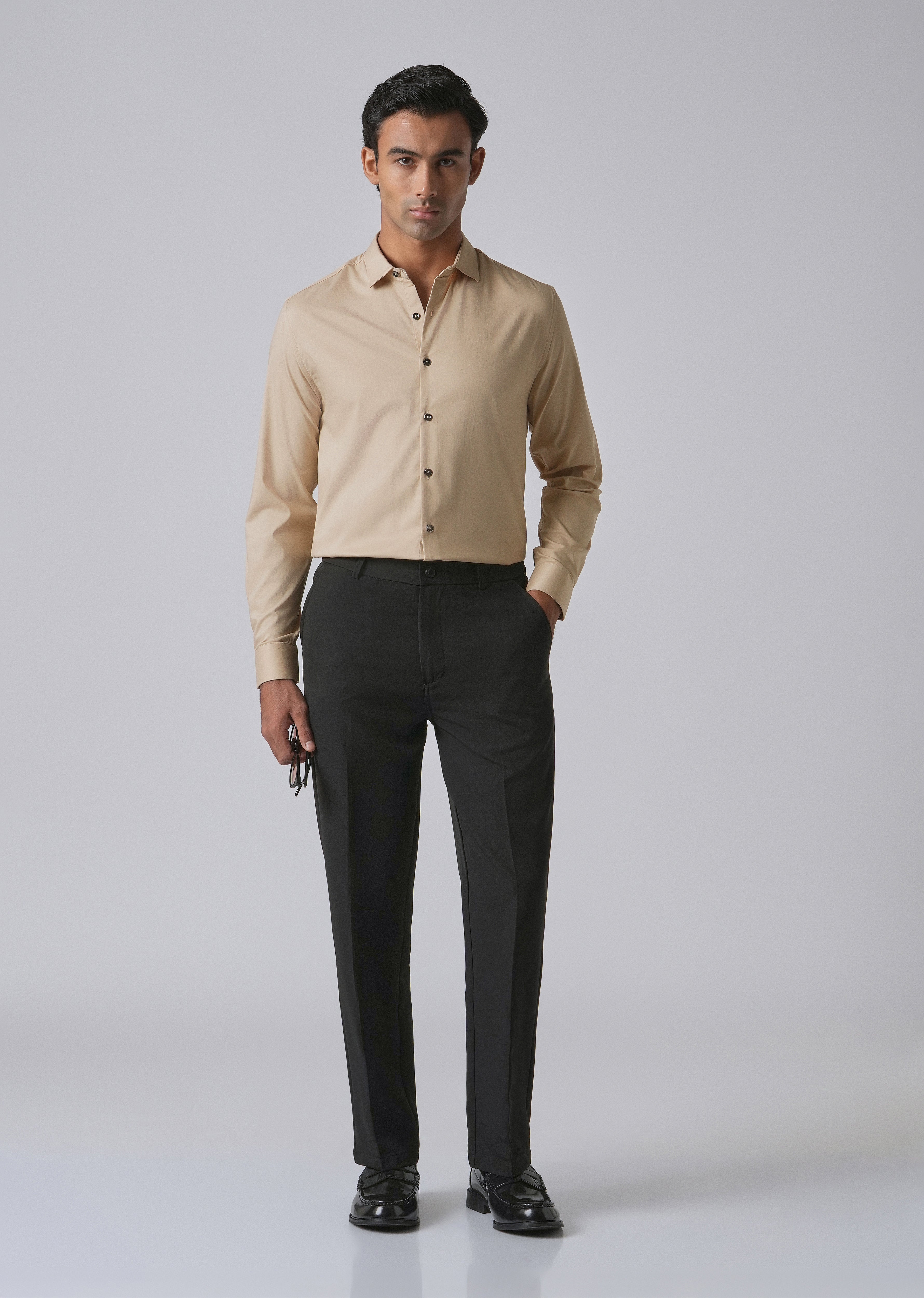 Tan Beige Cotton Stretch Plain Shirt