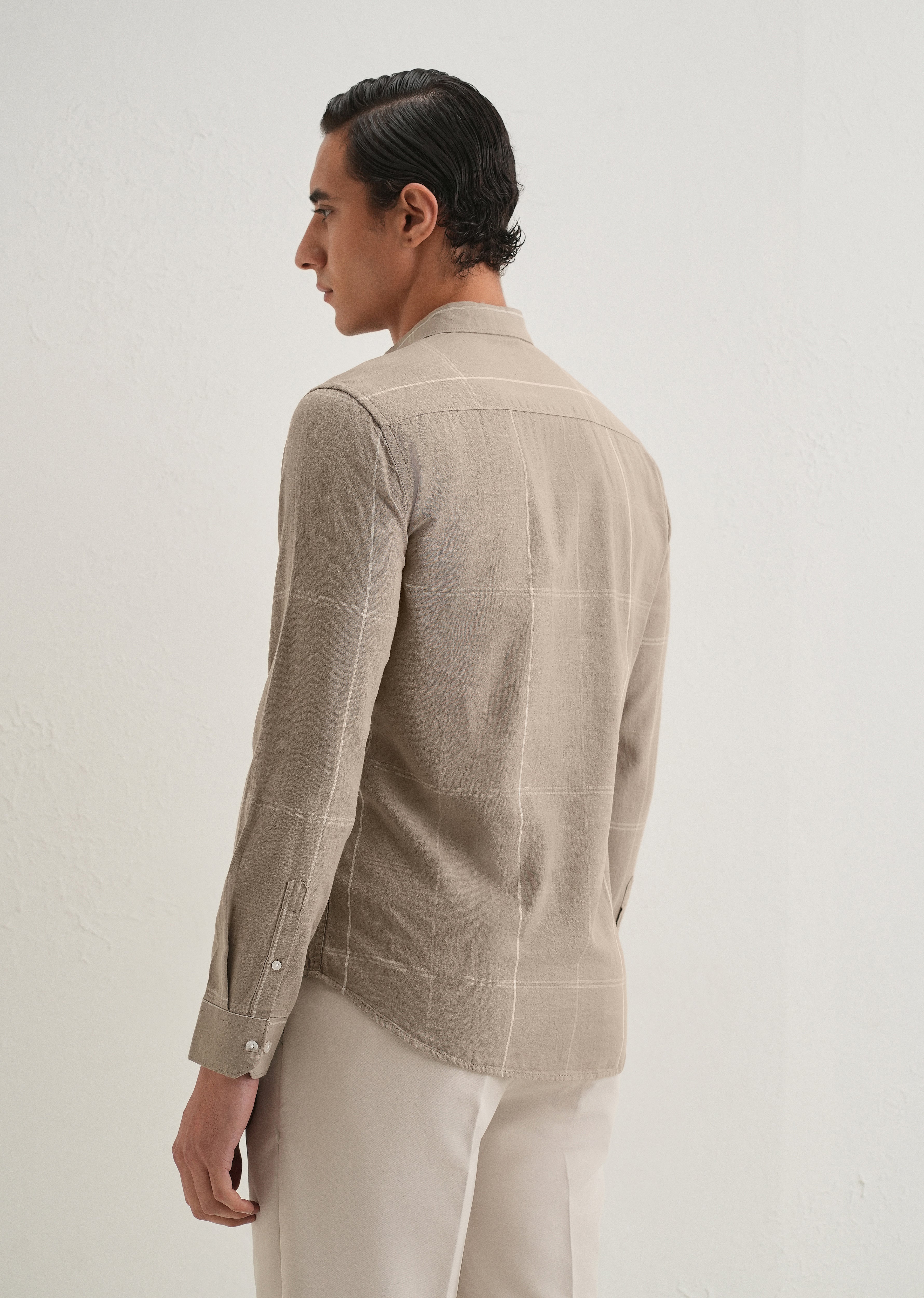 Tan Blended Linen Check Shirt