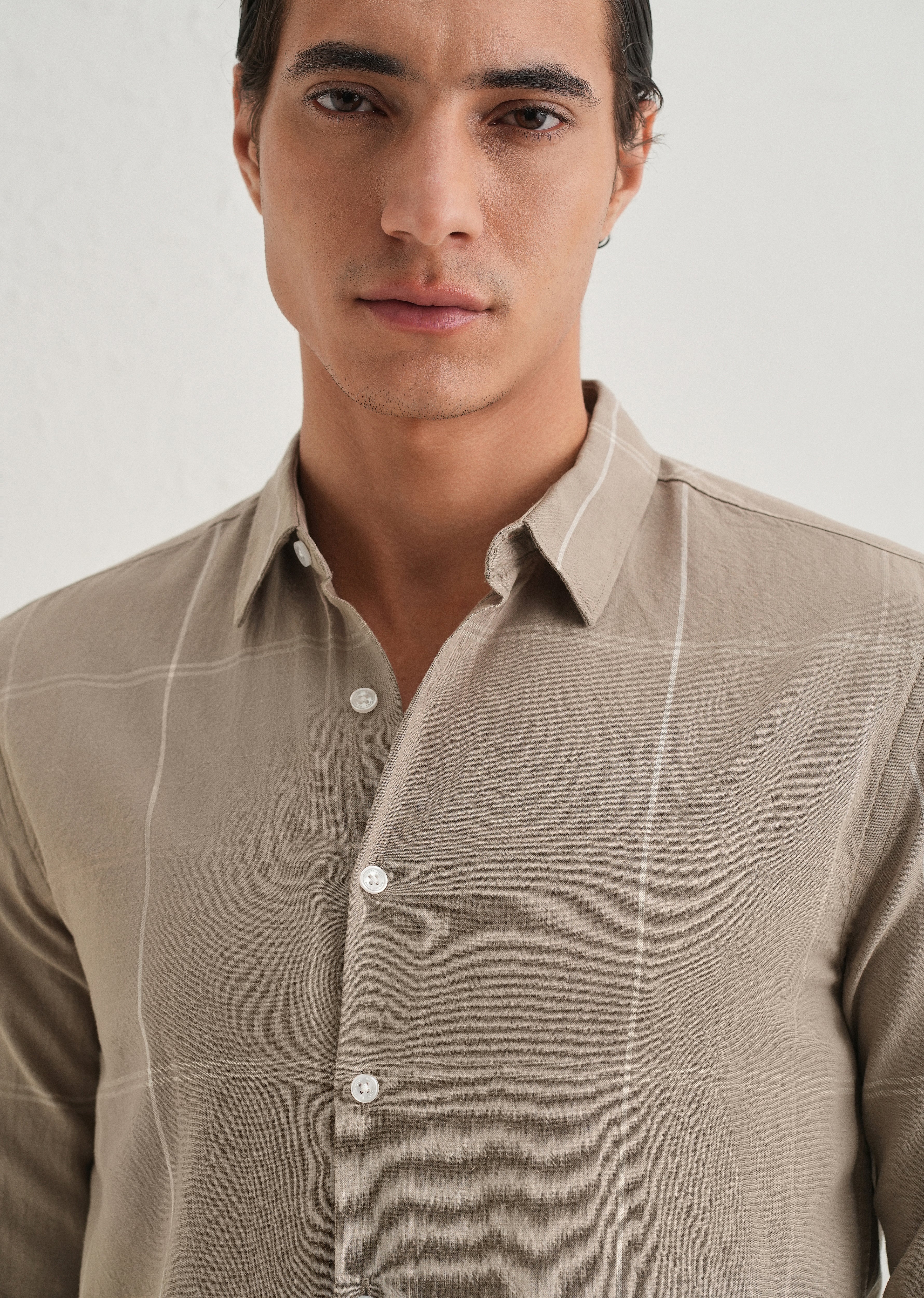 Tan Blended Linen Check Shirt