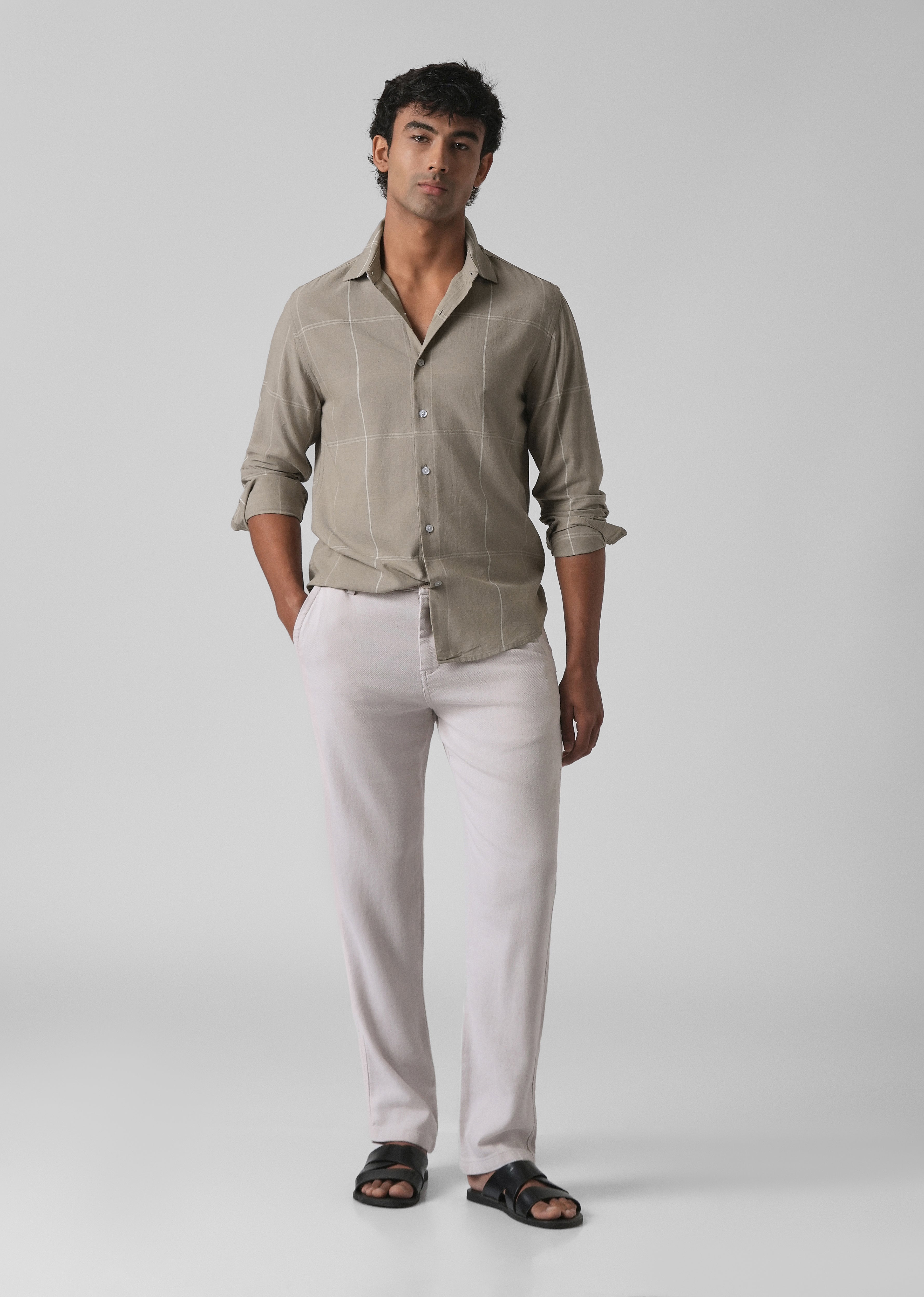 Tan Blended Linen Check Shirt