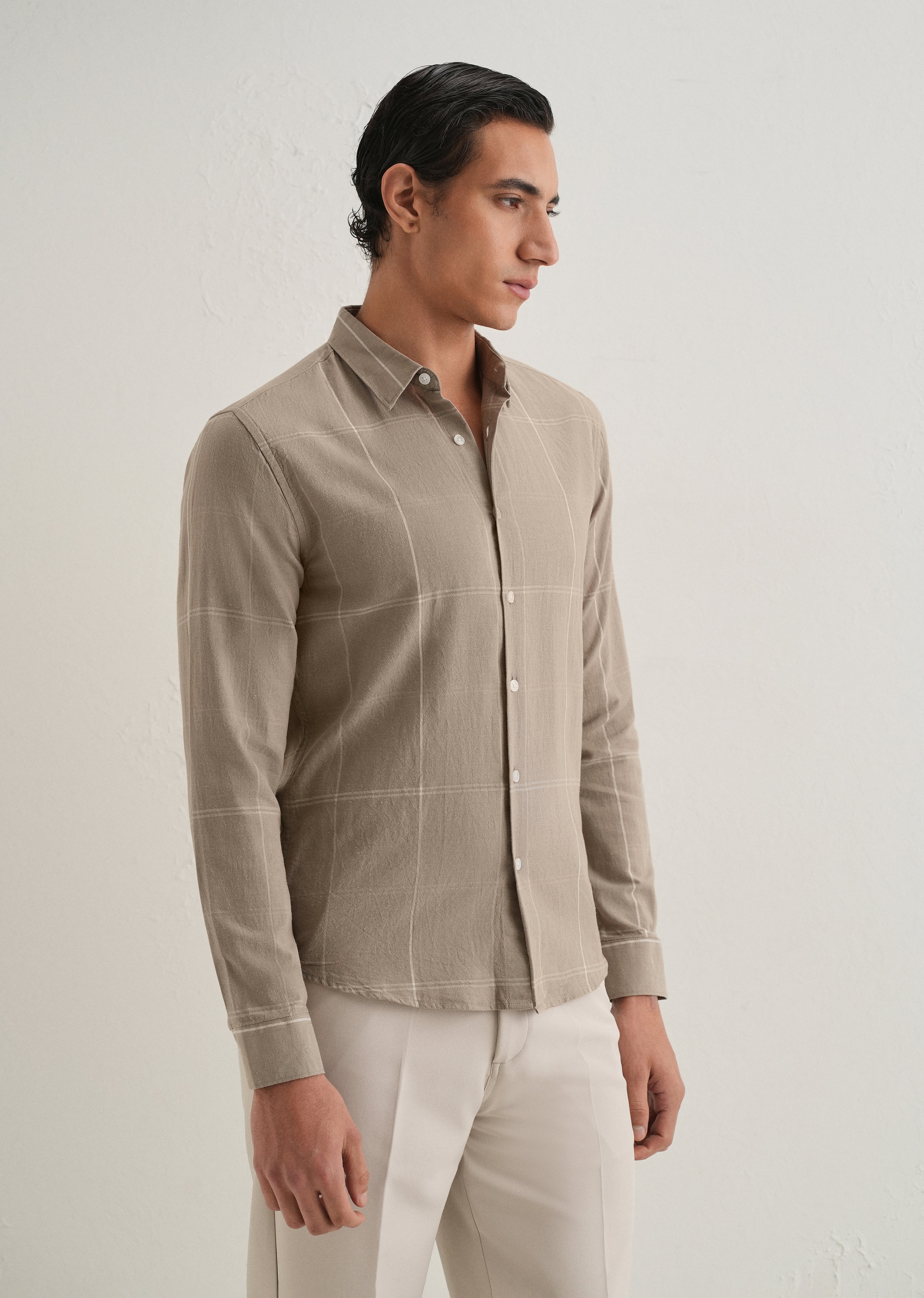 Tan Blended Linen Check Shirt