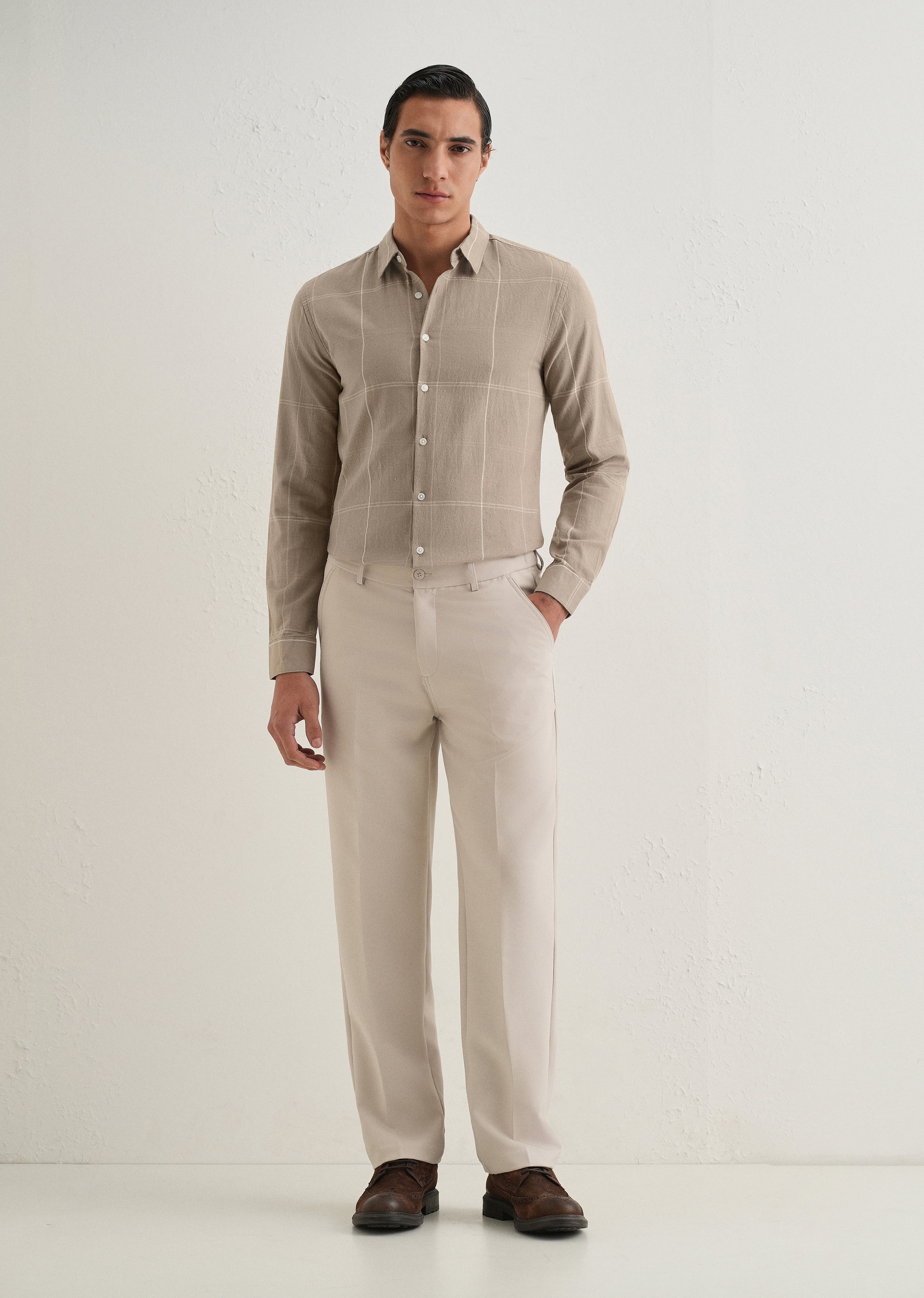 Tan Blended Linen Check Shirt