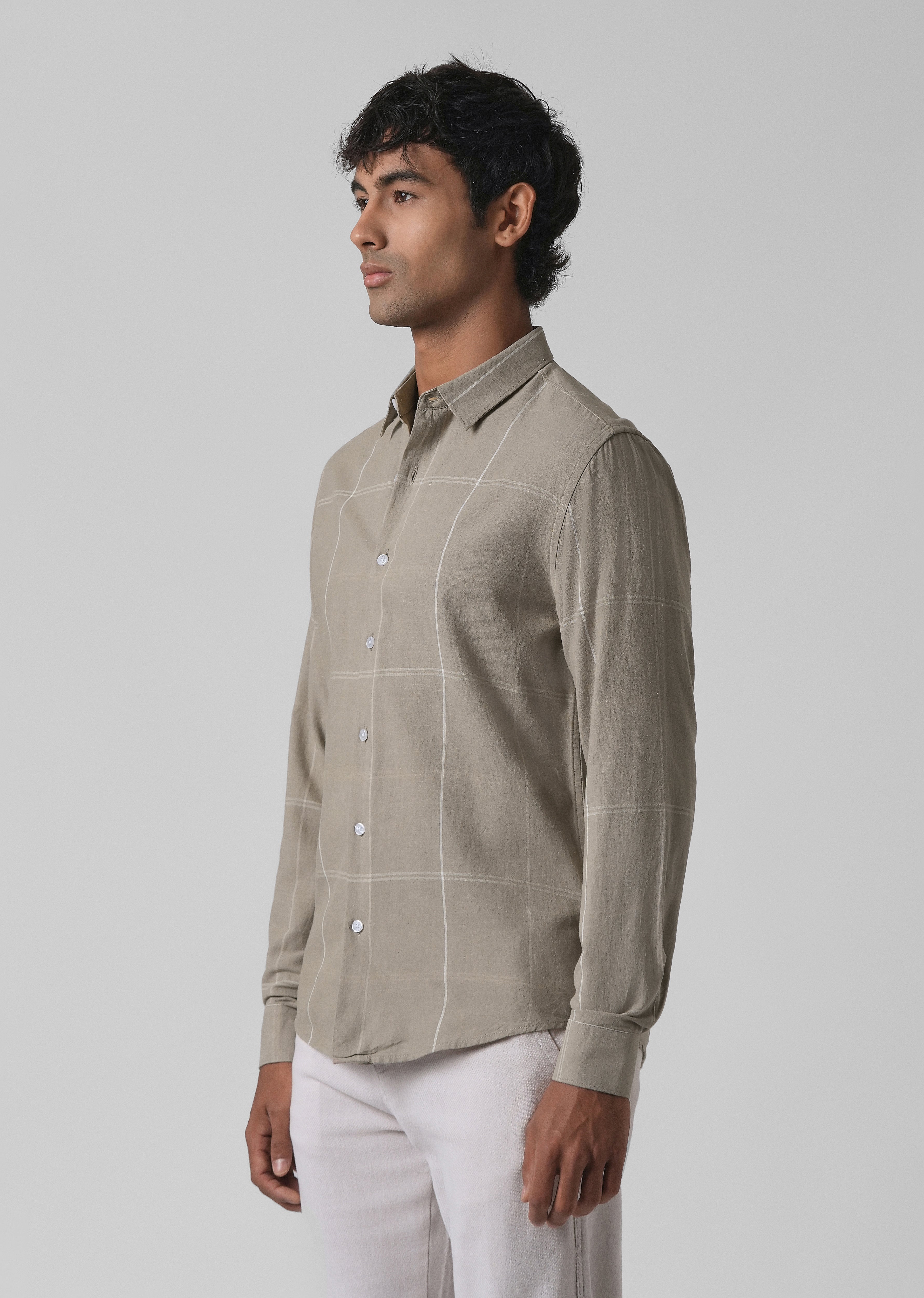 Tan Blended Linen Check Shirt