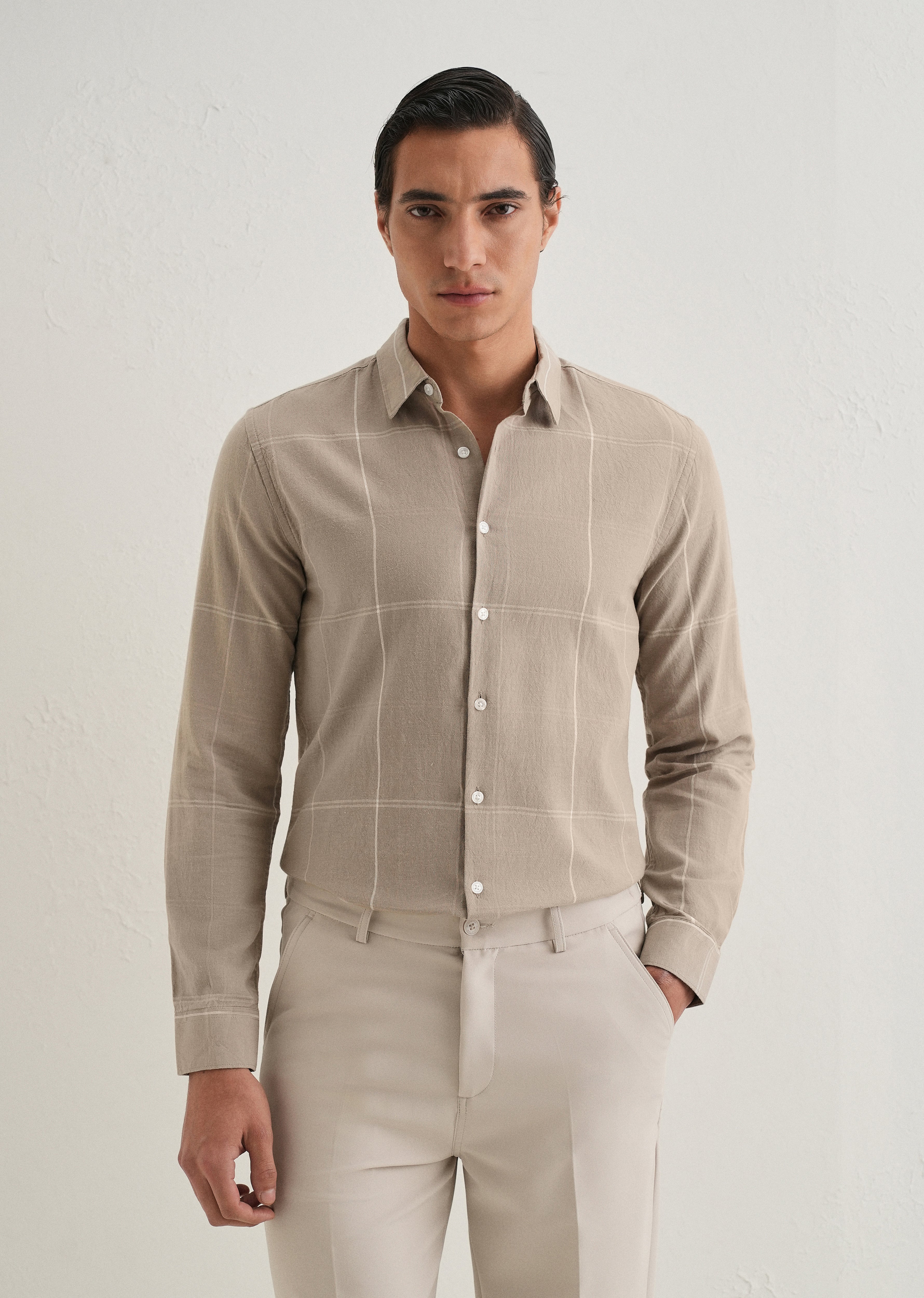 Tan Blended Linen Check Shirt