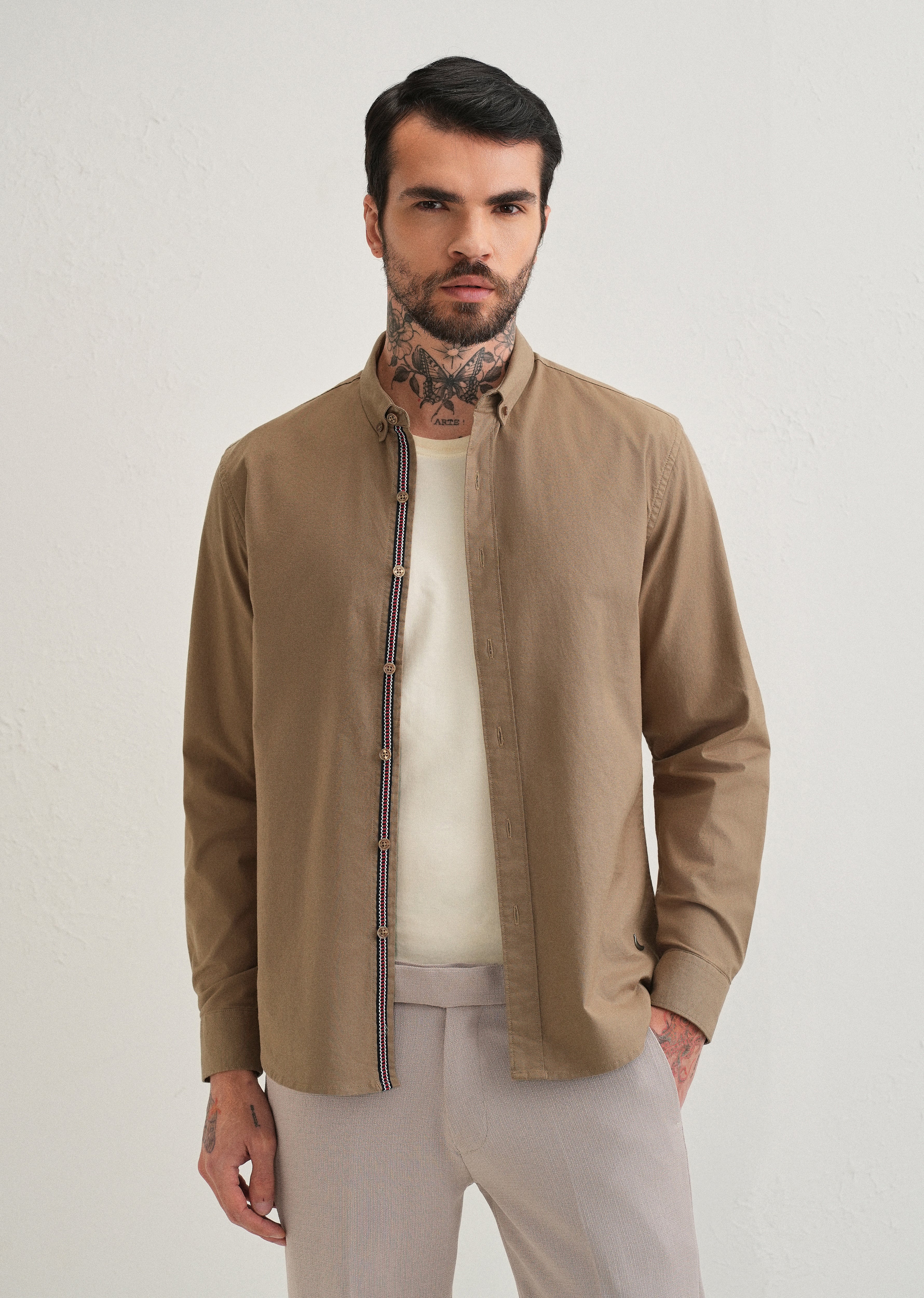 Tan Contrast Placket Shirt