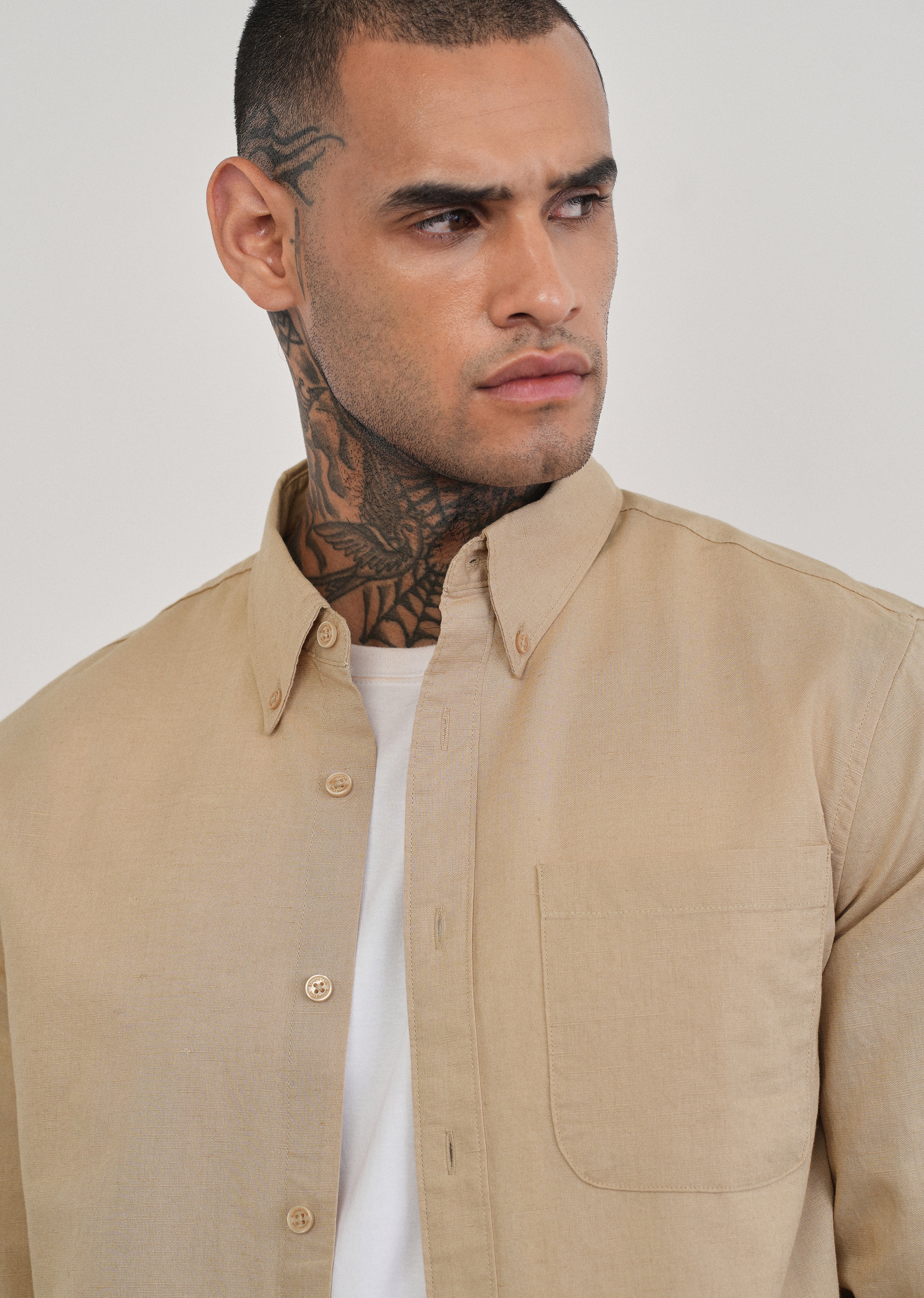Beige Cotton Linen Plain Shirt