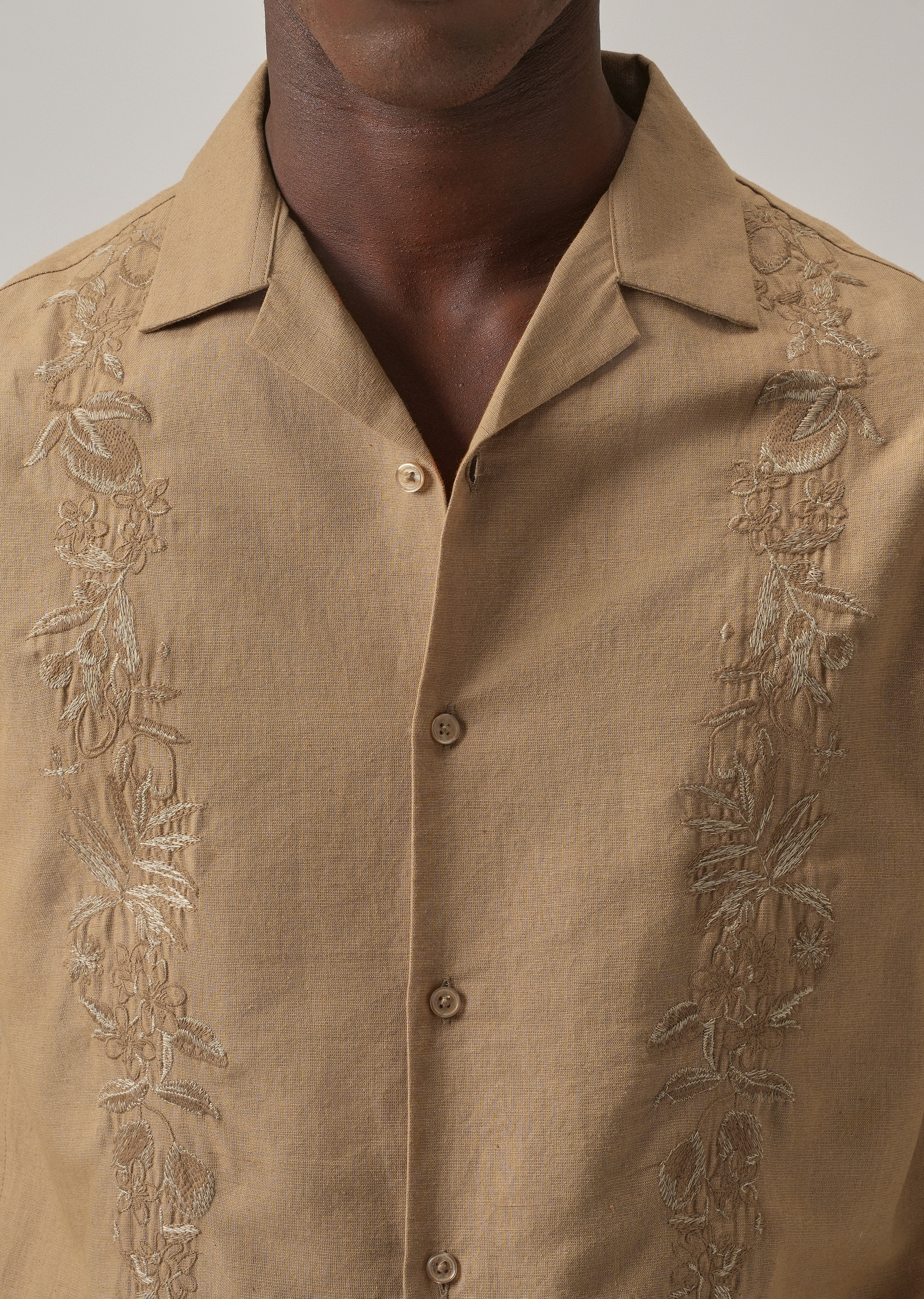 Tan Embroidery Linen Shirt