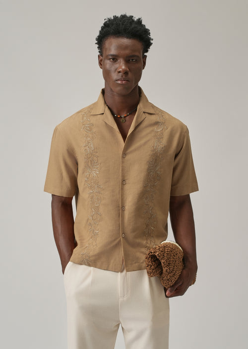 Tan Embroidery Linen Shirt