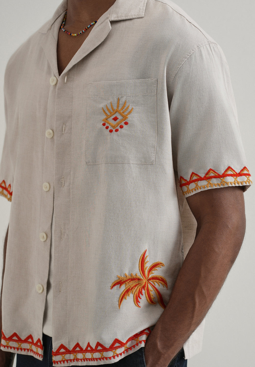 Tan Embroidery Cuban Collar Shirt