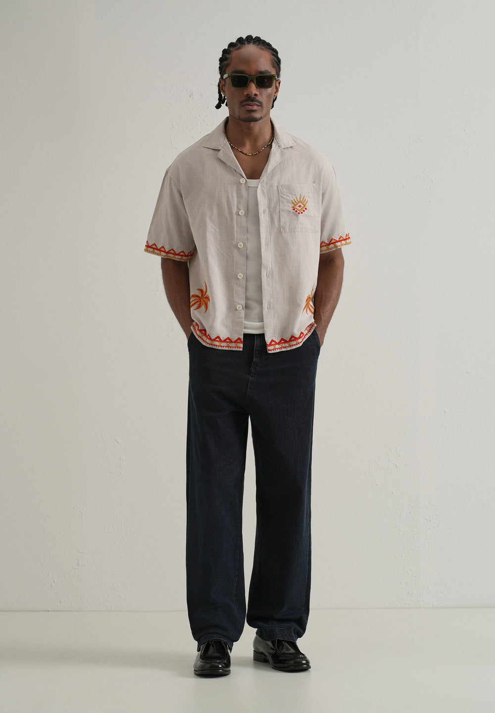 Tan Embroidery Cuban Collar Shirt