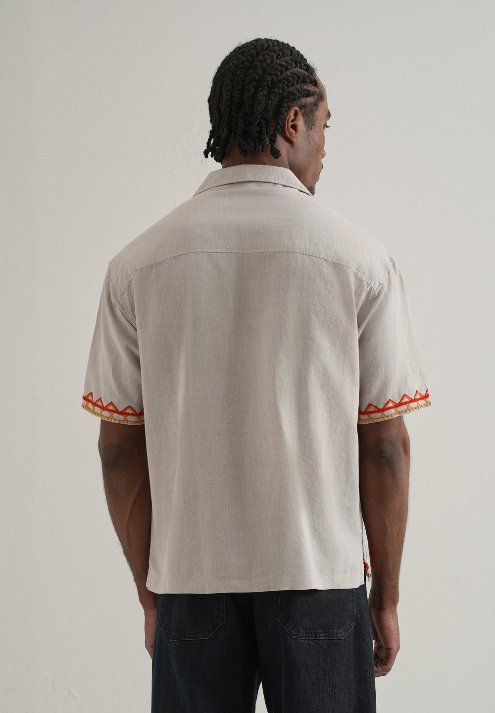 Tan Embroidery Cuban Collar Shirt