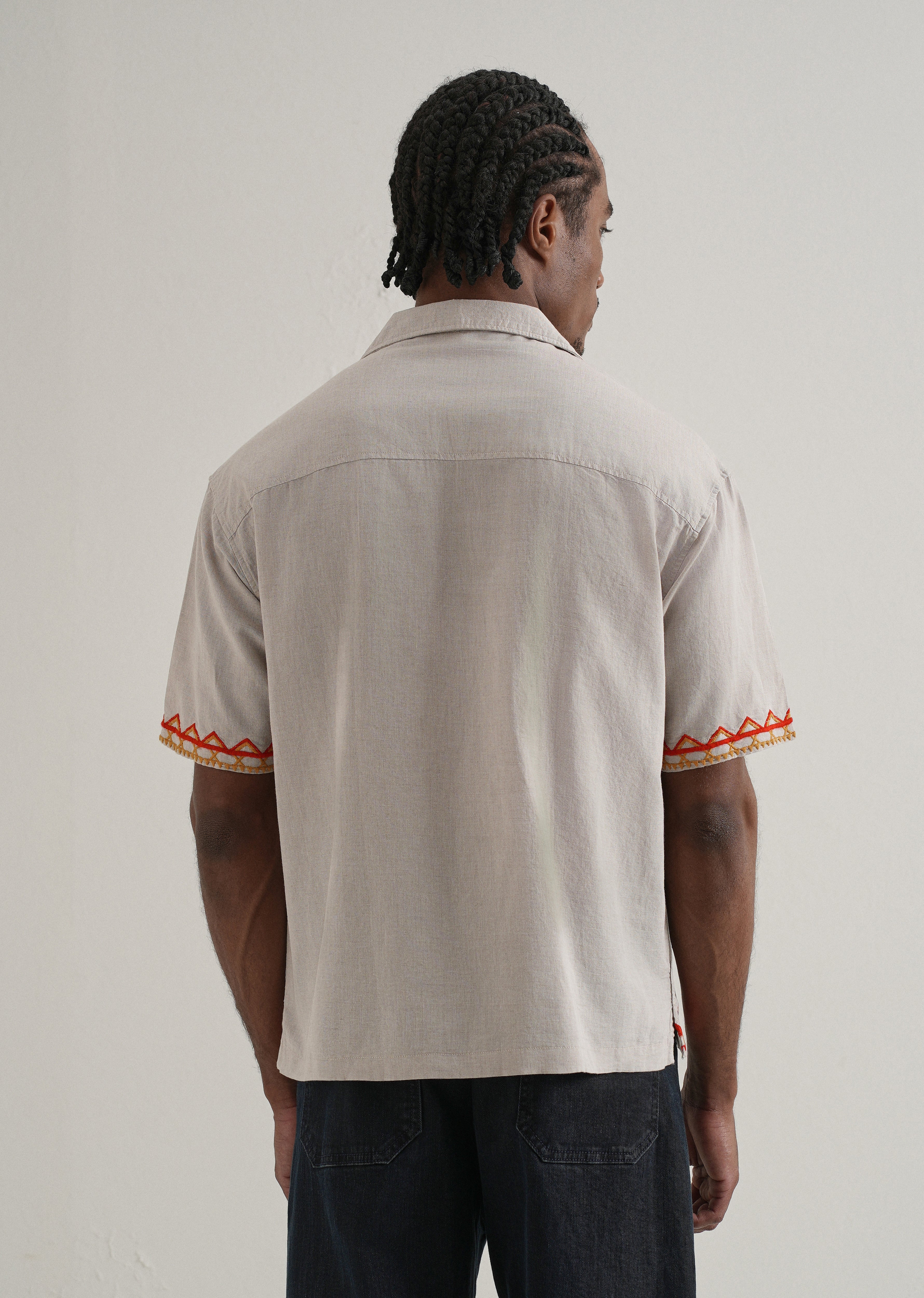 Tan Embroidery Cuban Collar Shirt