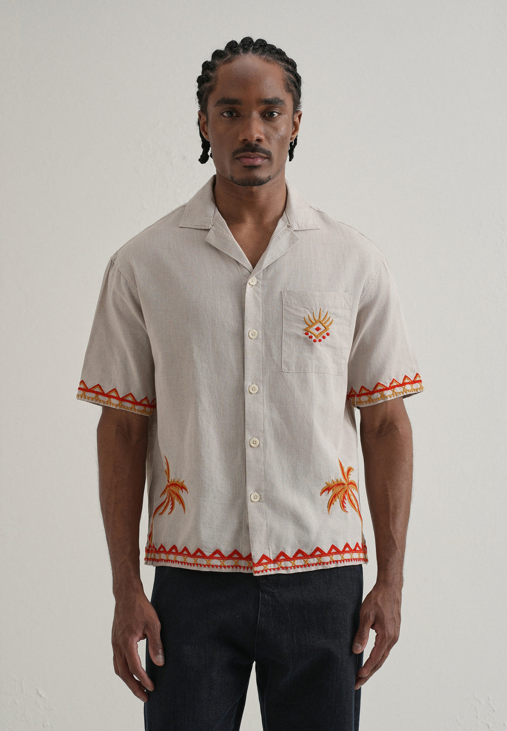 Tan Embroidery Cuban Collar Shirt