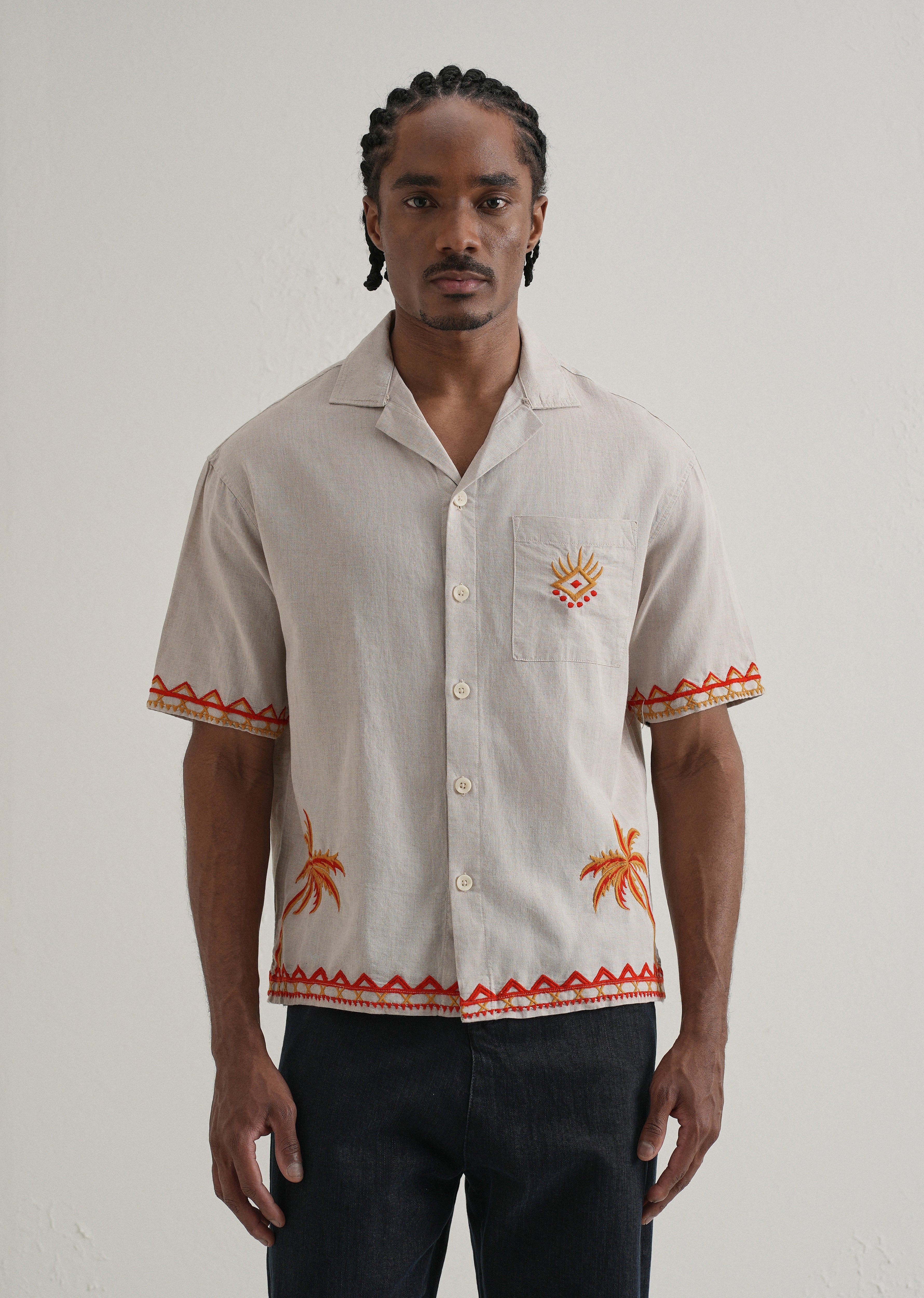 Tan Embroidery Cuban Collar Shirt