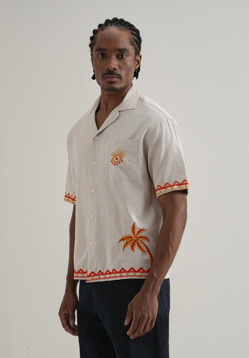 Tan Embroidery Cuban Collar Shirt