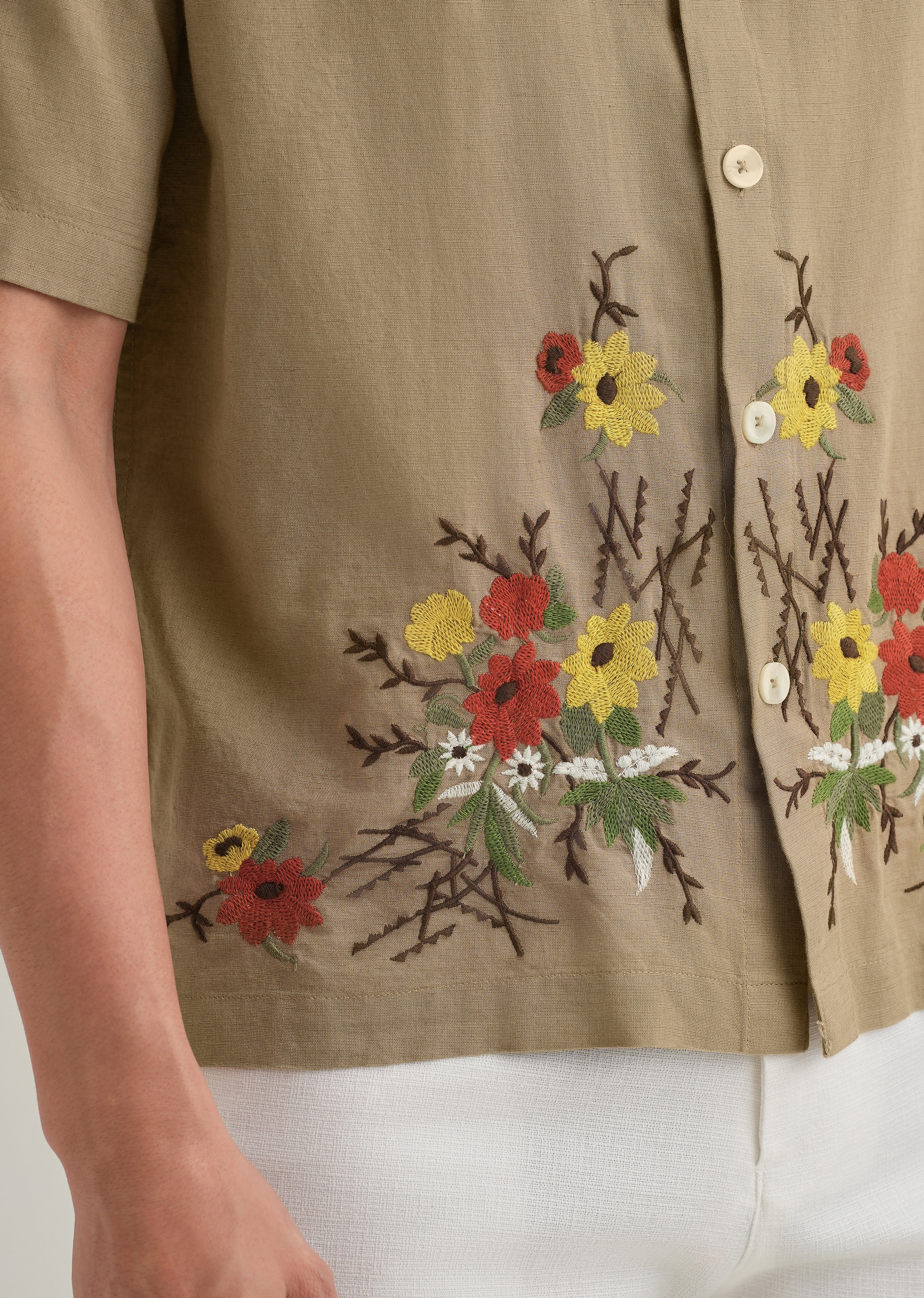 Tan Floral Embroidery Cotton Linen Shirt