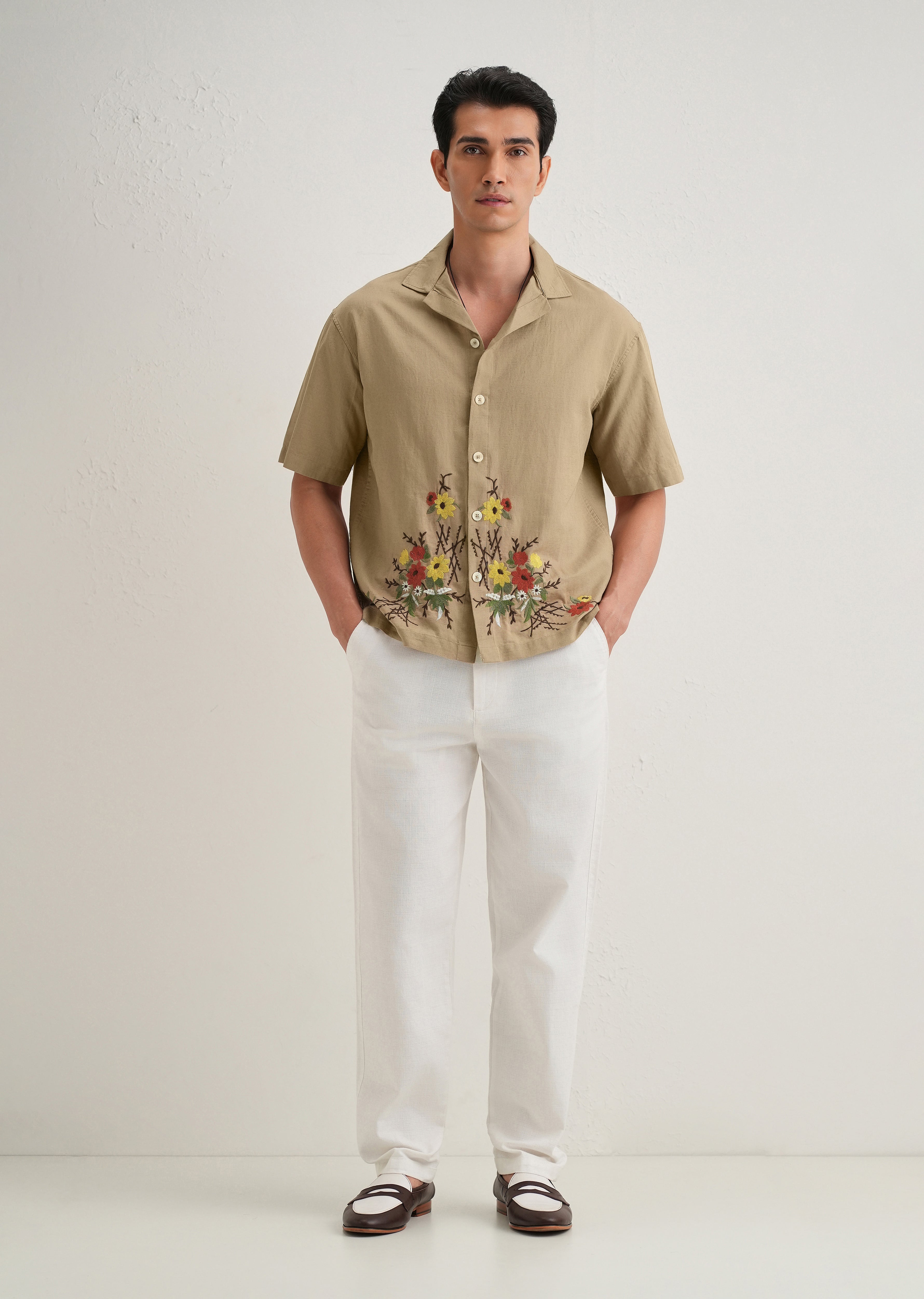 Tan Floral Embroidery Cotton Linen Shirt