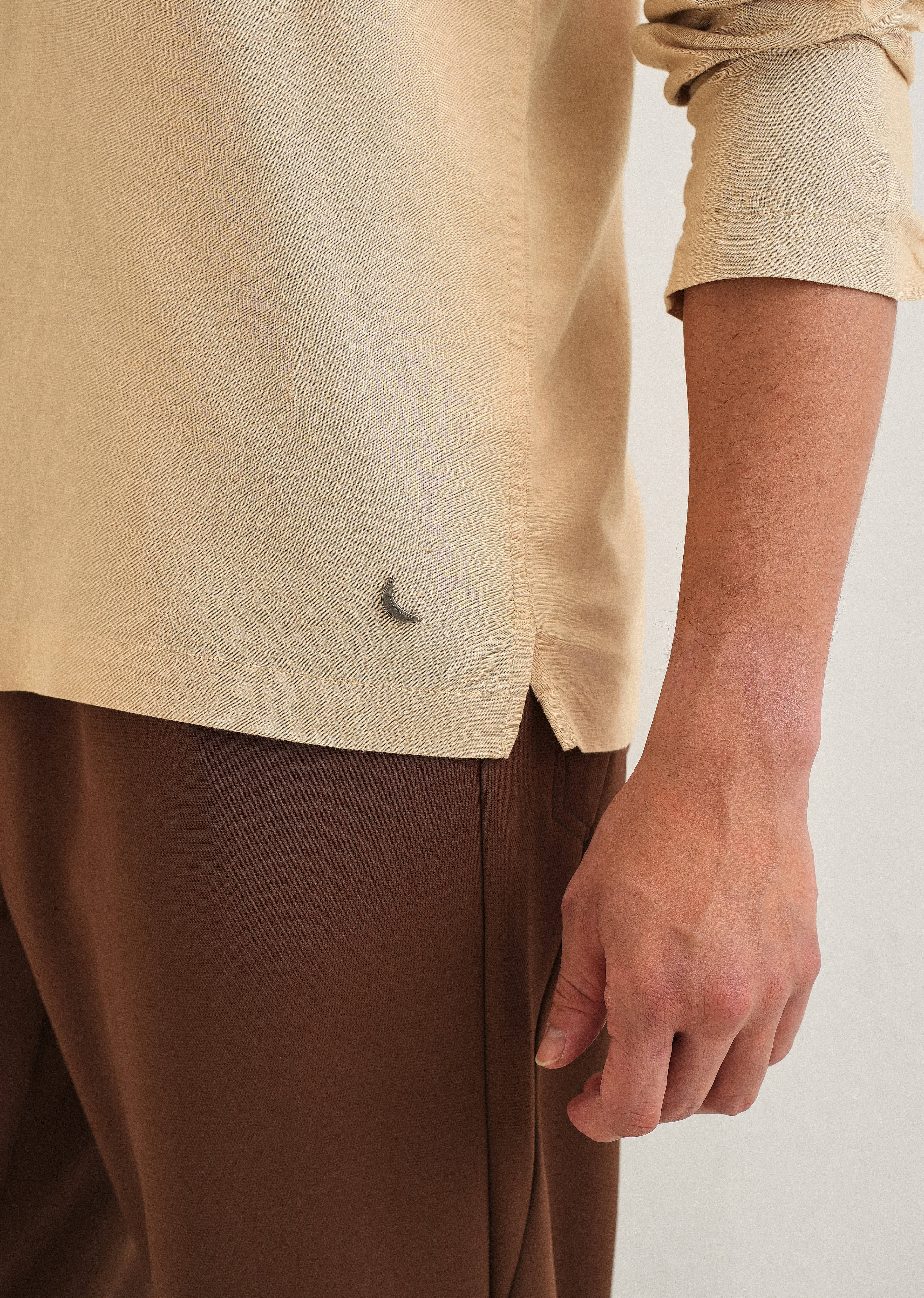 Tan Hidden Sleeve Placket Cotton Linen Shirt