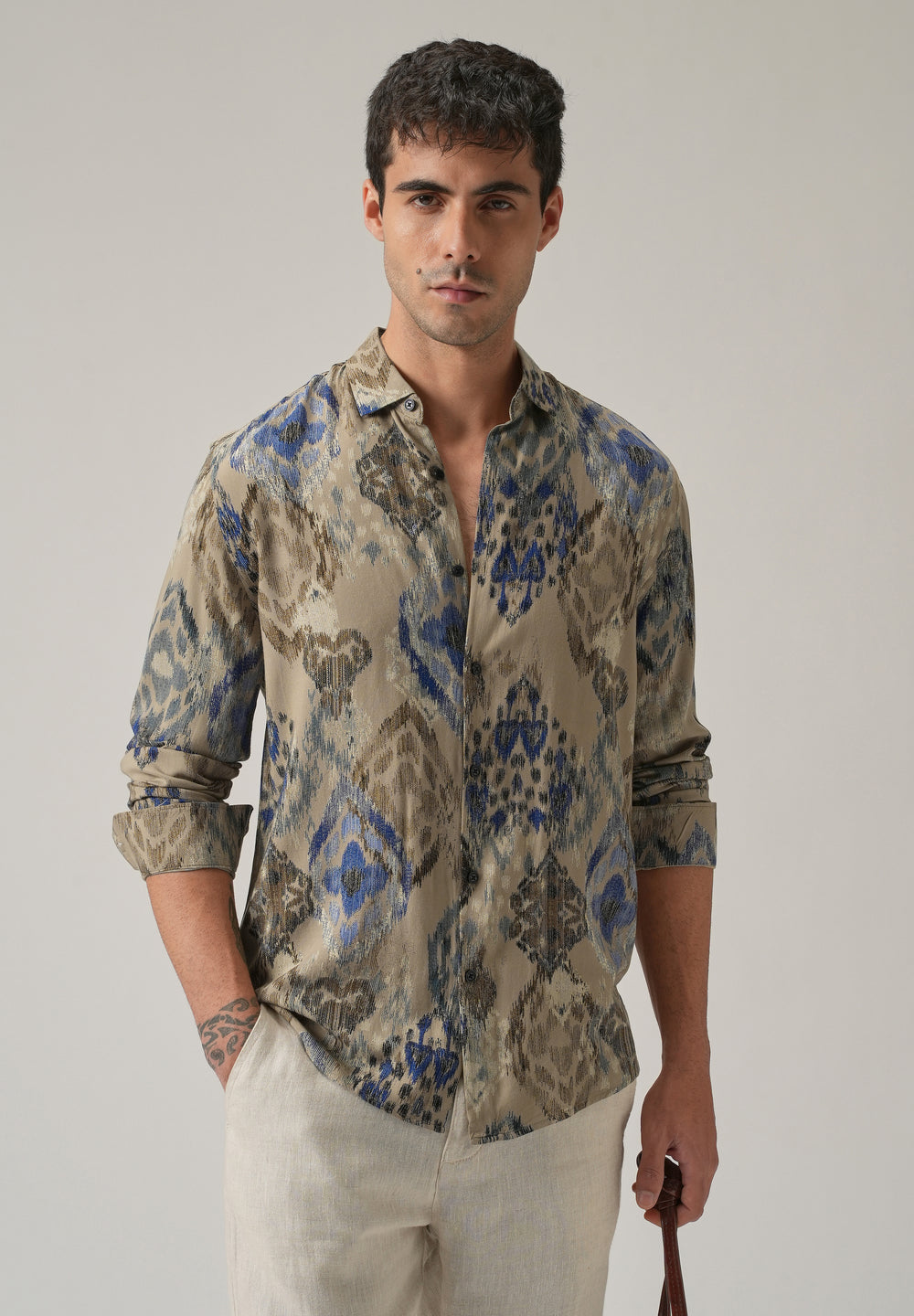 Tan Ikat Motif Print Feather Shirt